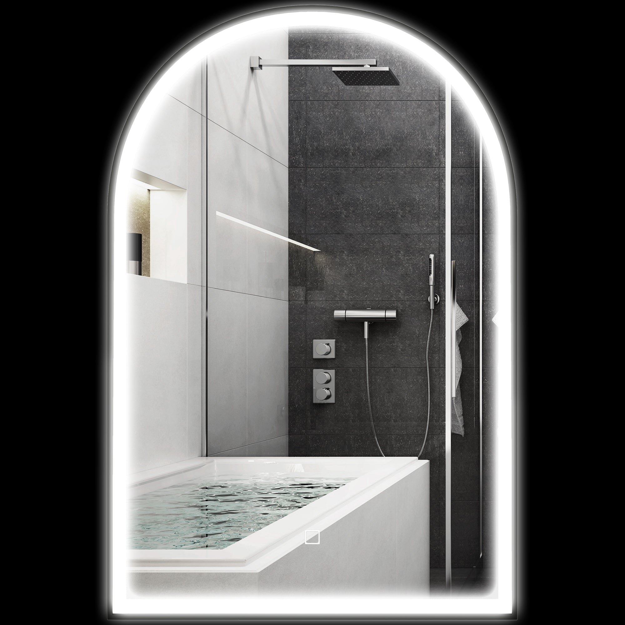 Bathroom Mirror 90 x 60 cm, arched wall mirror, bathroom mirror with LED lighting, adjustable 3 colors light, anti-fog, memory, touch switch, aluminum frame - black