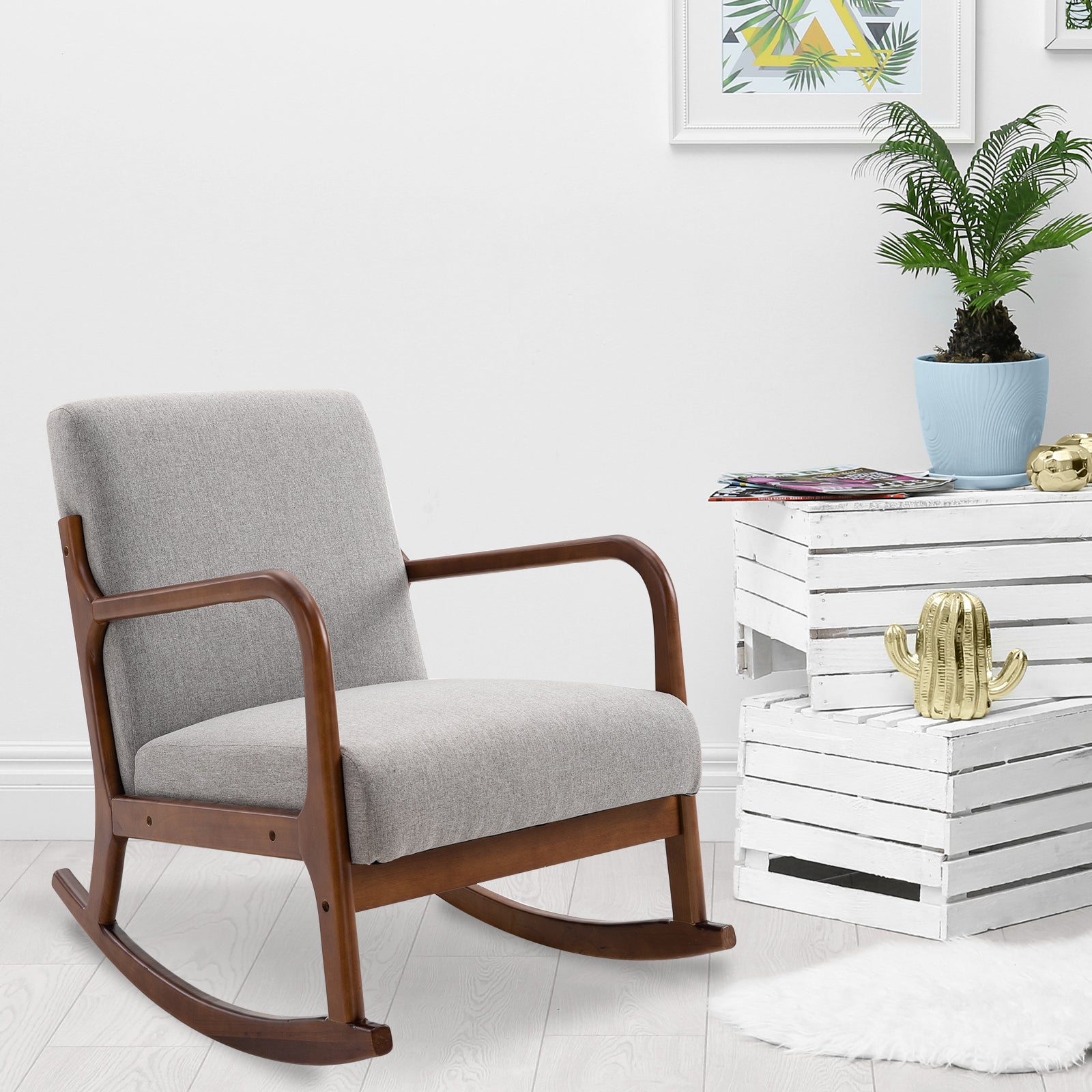 Upholstered Rocking Chair, Vintage Design in Wood and Gray Polyester, for Indoor, Office, Living Room, 64x86x80cm