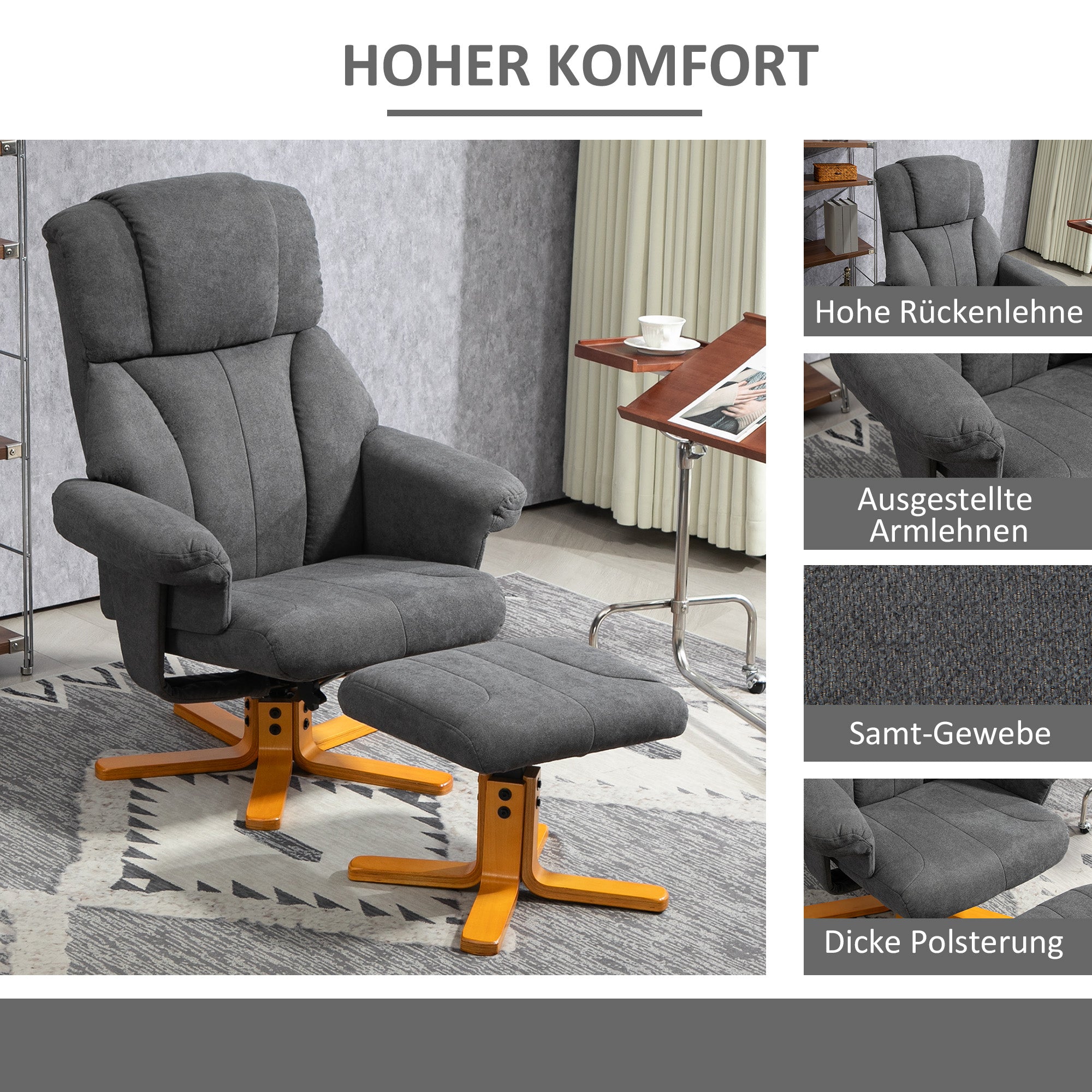 Recliner Chair with Reclining Function, Reclining Chair with Footstool, TV Armchair up to 150 kg capacity, for Living Room, Bedroom, 79 x 80 x 104cm, Dark Gray