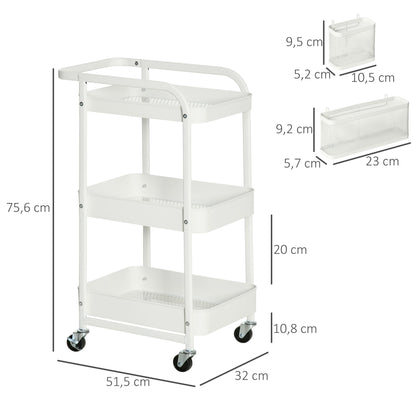 Serving Cart with 3 Levels Kitchen Cart with Wheels Handle Utility Cart with Hooks and Basket, Kitchen Shelf, Multi-Purpose Cart for Kitchen Office Bathroom, White