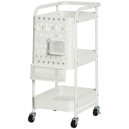 Serving Cart with 3 Levels Kitchen Cart with Wheels Handle Utility Cart with Hooks and Basket, Kitchen Shelf, Multi-Purpose Cart for Kitchen Office Bathroom, White