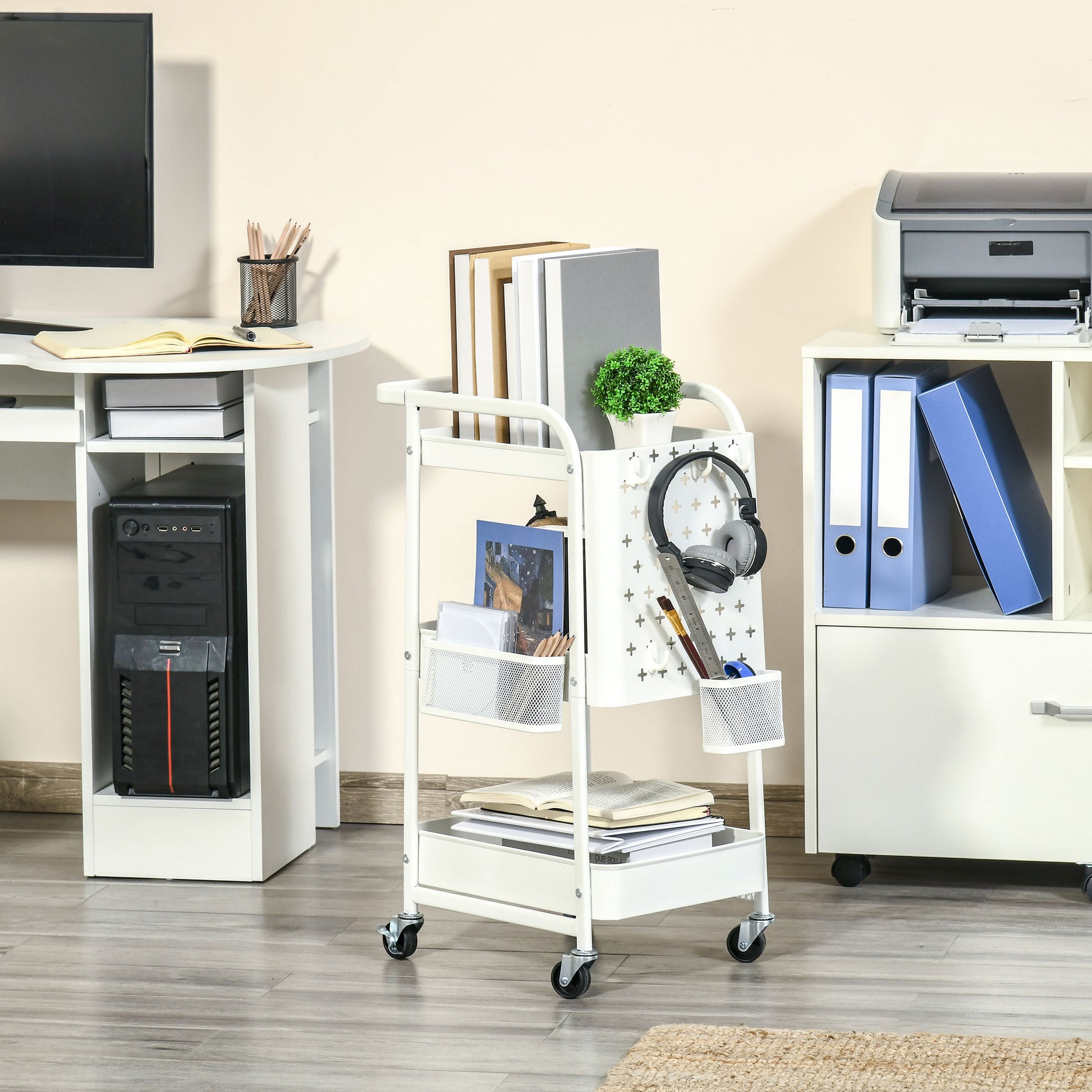 Serving Cart with 3 Levels Kitchen Cart with Wheels Handle Utility Cart with Hooks and Basket, Kitchen Shelf, Multi-Purpose Cart for Kitchen Office Bathroom, White