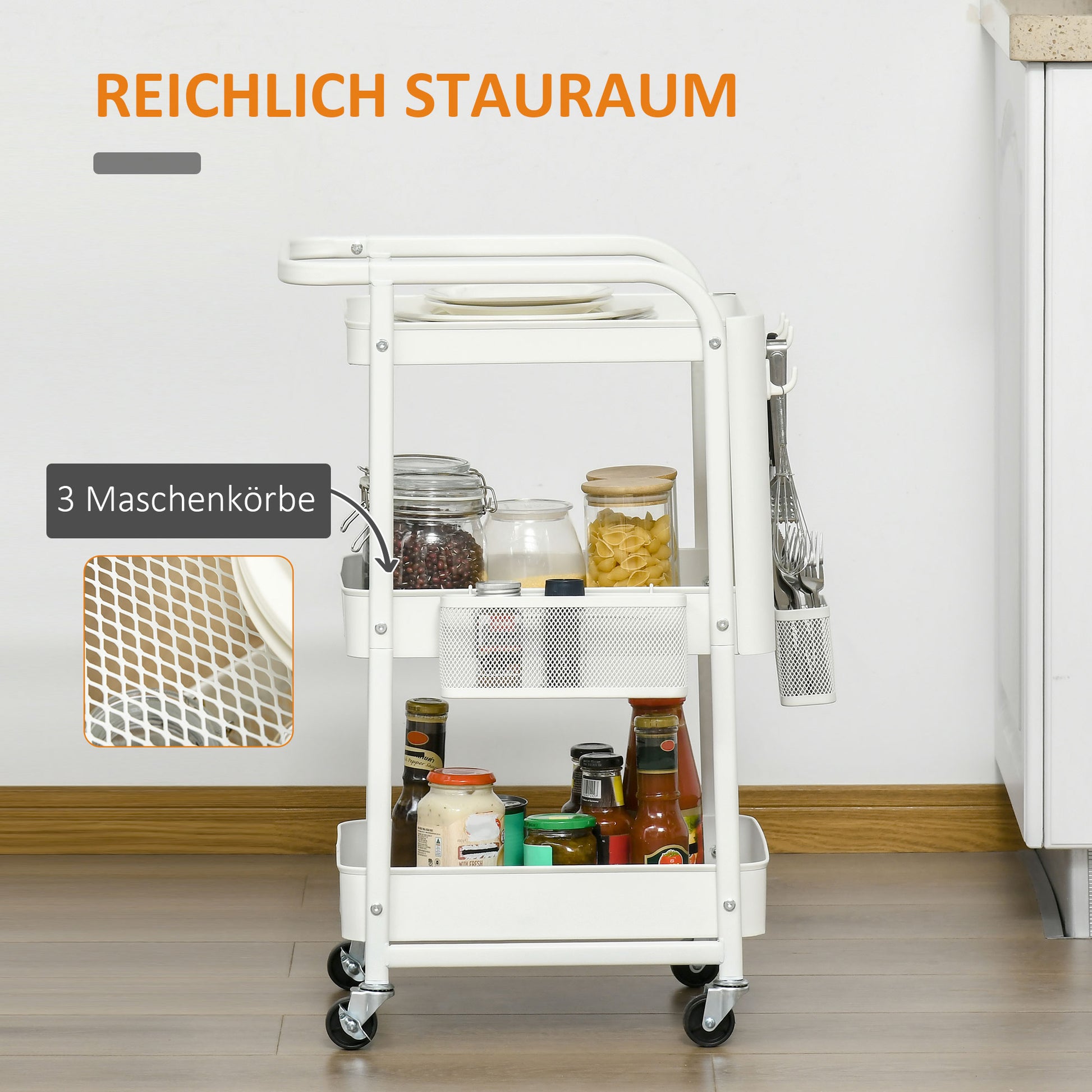 Serving Cart with 3 Levels Kitchen Cart with Wheels Handle Utility Cart with Hooks and Basket, Kitchen Shelf, Multi-Purpose Cart for Kitchen Office Bathroom, White