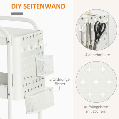 Serving Cart with 3 Levels Kitchen Cart with Wheels Handle Utility Cart with Hooks and Basket, Kitchen Shelf, Multi-Purpose Cart for Kitchen Office Bathroom, White