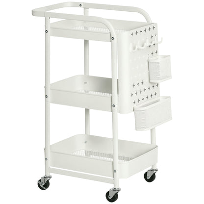Serving Cart with 3 Levels Kitchen Cart with Wheels Handle Utility Cart with Hooks and Basket, Kitchen Shelf, Multi-Purpose Cart for Kitchen Office Bathroom, White