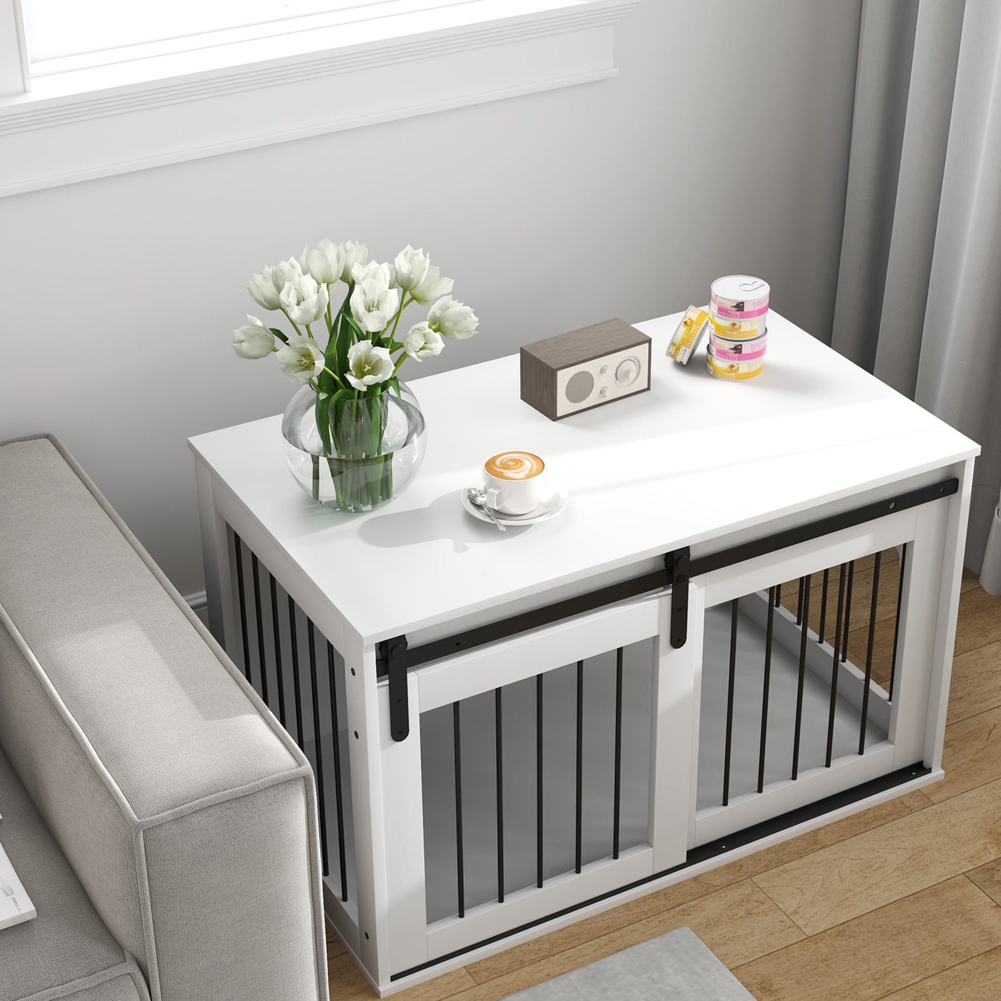 Dog Cage Furniture with Lockable Sliding Doors Modern Metal Dog Crate for Home Indoor Dog House for Large Dogs up to 30 kg Side Table Kennel 98 x 58 x 61 cm White