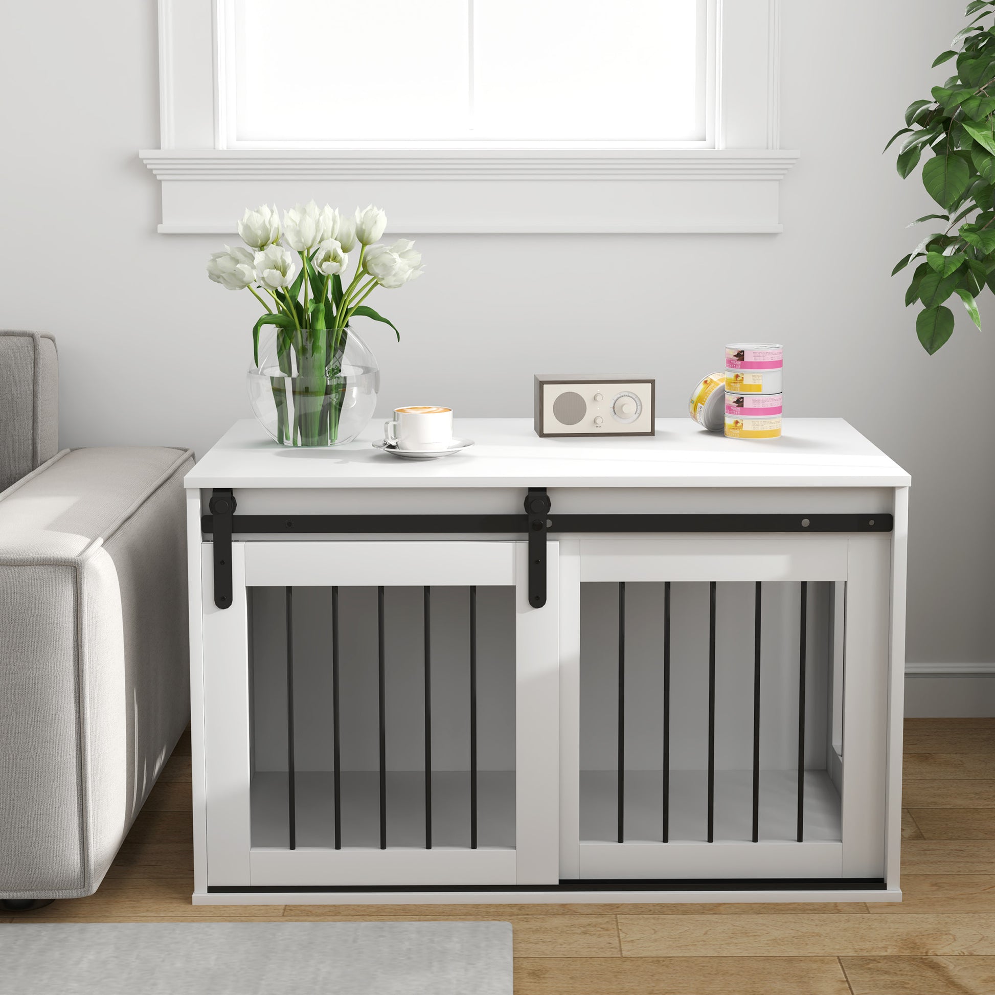 Dog Cage Furniture with Lockable Sliding Doors Modern Metal Dog Crate for Home Indoor Dog House for Large Dogs up to 30 kg Side Table Kennel 98 x 58 x 61 cm White