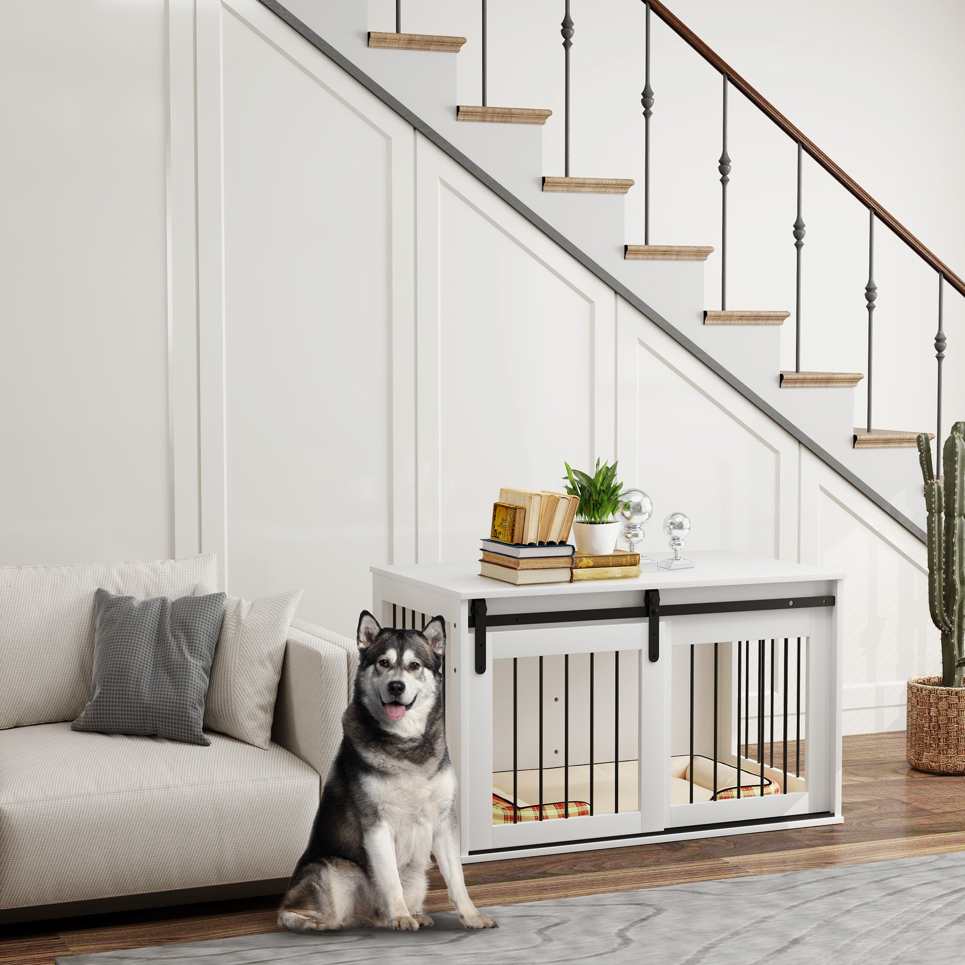 Dog Cage Furniture with Lockable Sliding Doors Modern Metal Dog Crate for Home Indoor Dog House for Large Dogs up to 30 kg Side Table Kennel 98 x 58 x 61 cm White