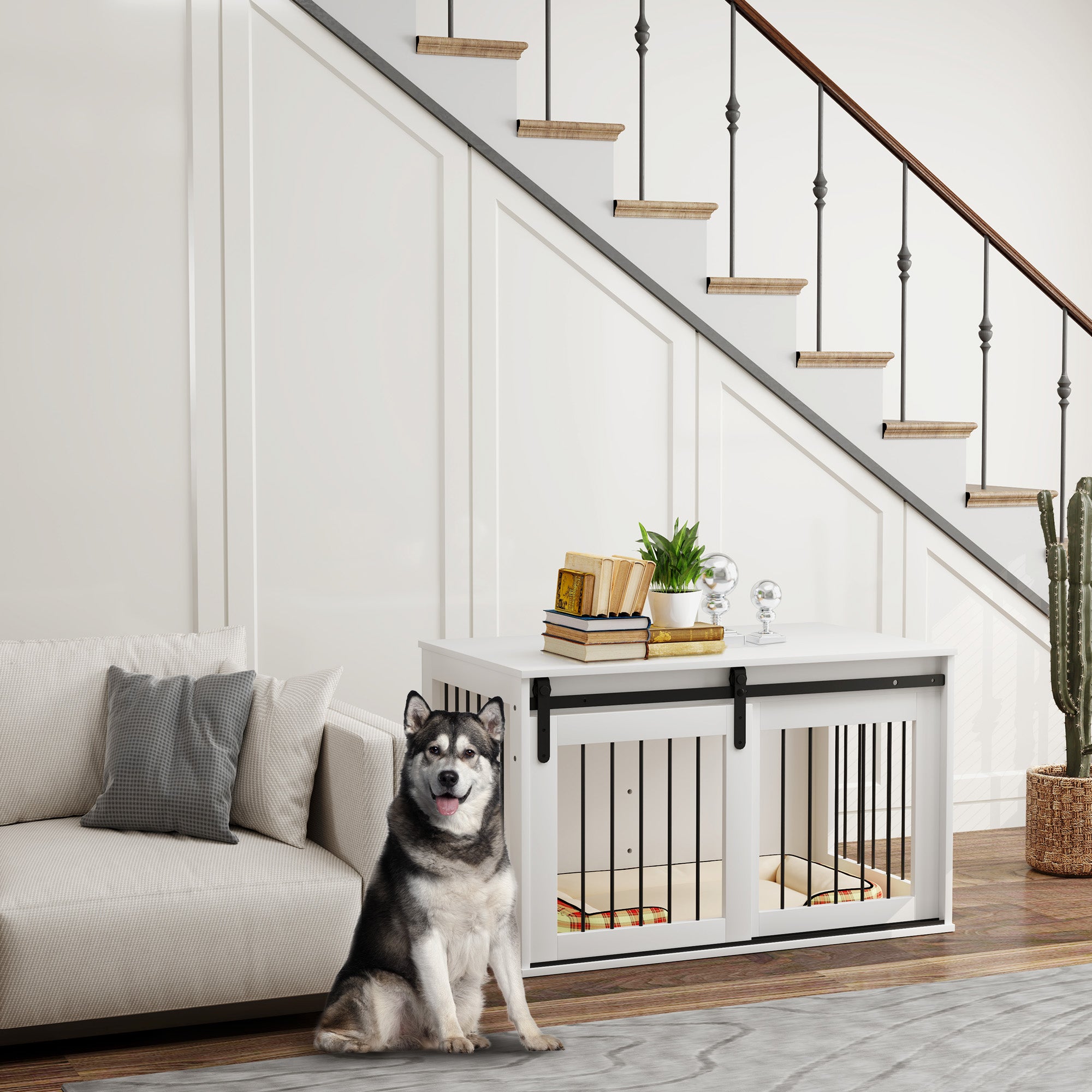 Dog Cage Furniture with Lockable Sliding Doors Modern Metal Dog Crate for Home Indoor Dog House for Large Dogs up to 30 kg Side Table Kennel 98 x 58 x 61 cm White