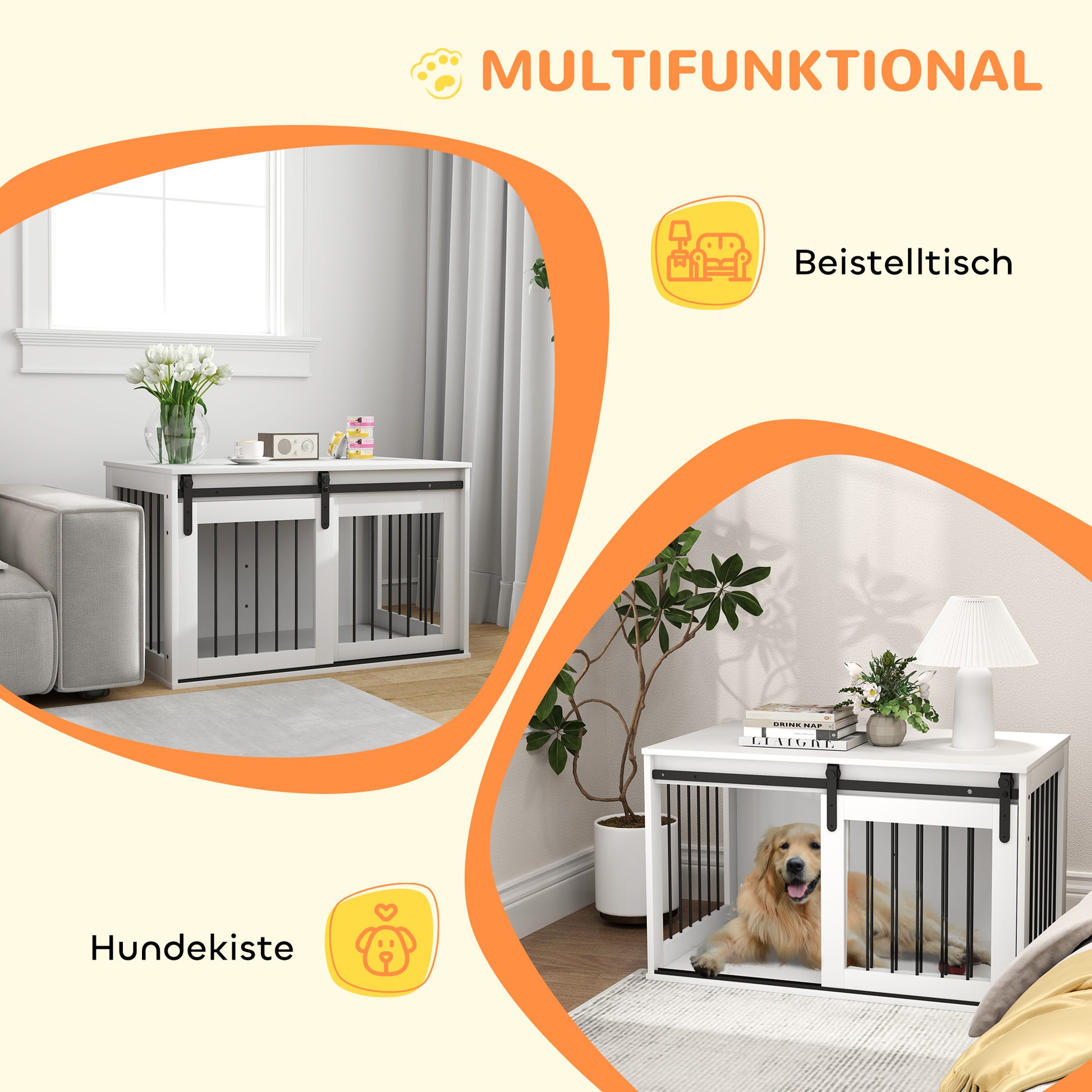 Dog Cage Furniture with Lockable Sliding Doors Modern Metal Dog Crate for Home Indoor Dog House for Large Dogs up to 30 kg Side Table Kennel 98 x 58 x 61 cm White