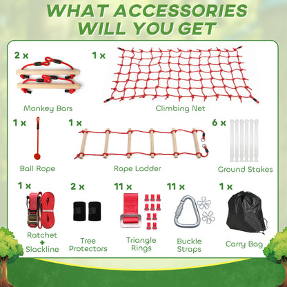 Ninja Line Kids 33 ft (10 m) Slackline Play Set — Rings, Swing, Ladder & Climbing Net — Outdoor Playset for Ages 3–6, Red