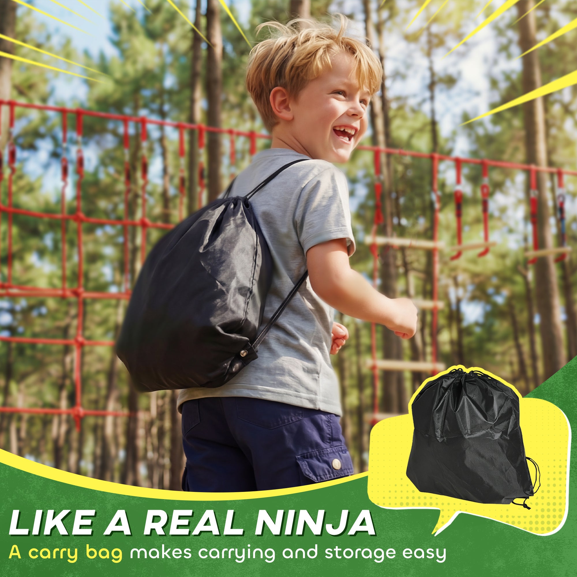 Ninja Line Kids 33 ft (10 m) Slackline Play Set — Rings, Swing, Ladder & Climbing Net — Outdoor Playset for Ages 3–6, Red