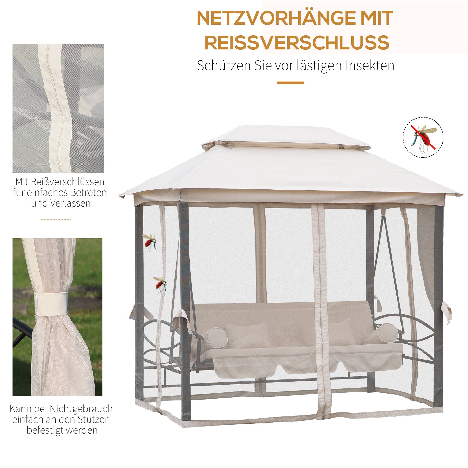 Hollywood Swing Garden Swing Swing with Side Walls 3 Seater Beige 256 x 172 x 248 cm