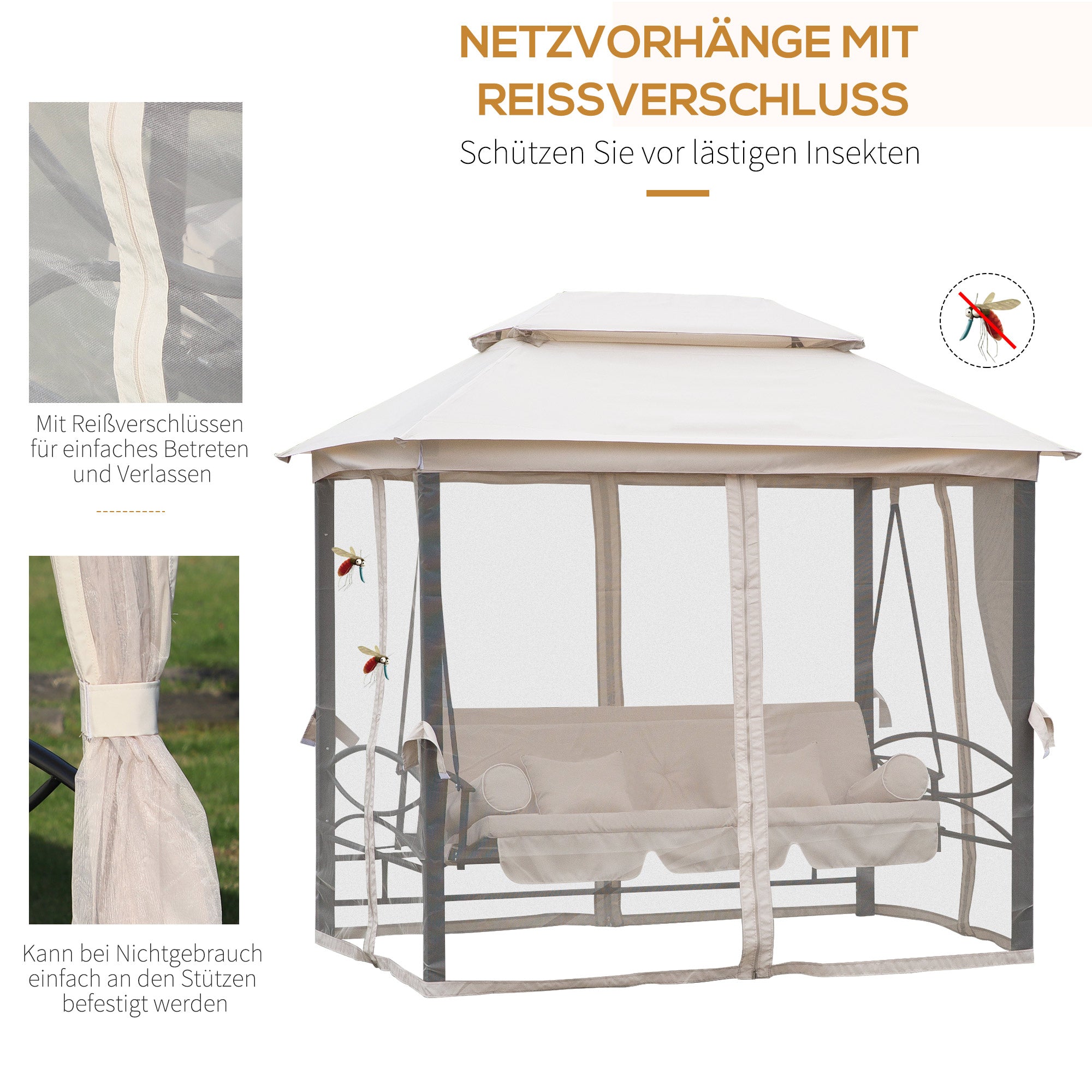 Hollywood Swing Garden Swing Swing with Side Walls 3 Seater Beige 256 x 172 x 248 cm