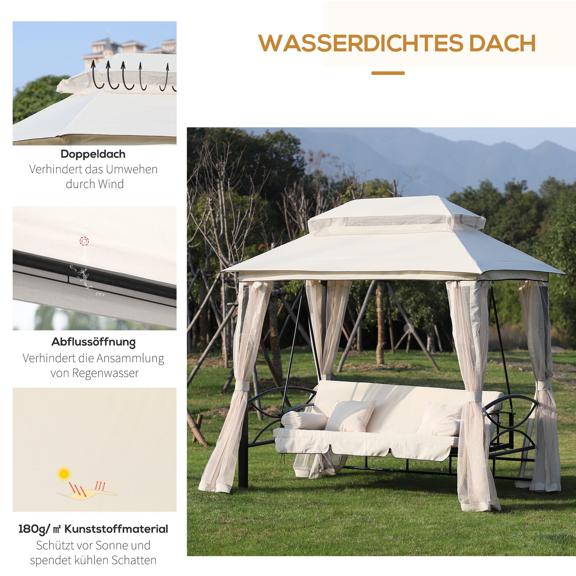 Hollywood Swing Garden Swing Swing with Side Walls 3 Seater Beige 256 x 172 x 248 cm