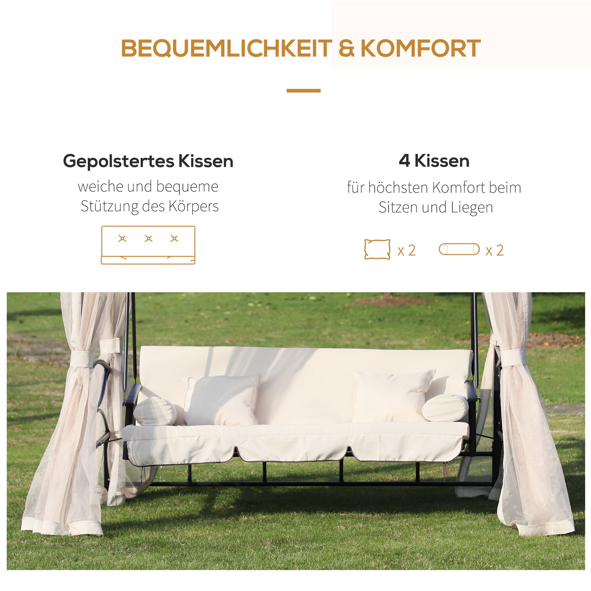Hollywood Swing Garden Swing Swing with Side Walls 3 Seater Beige 256 x 172 x 248 cm