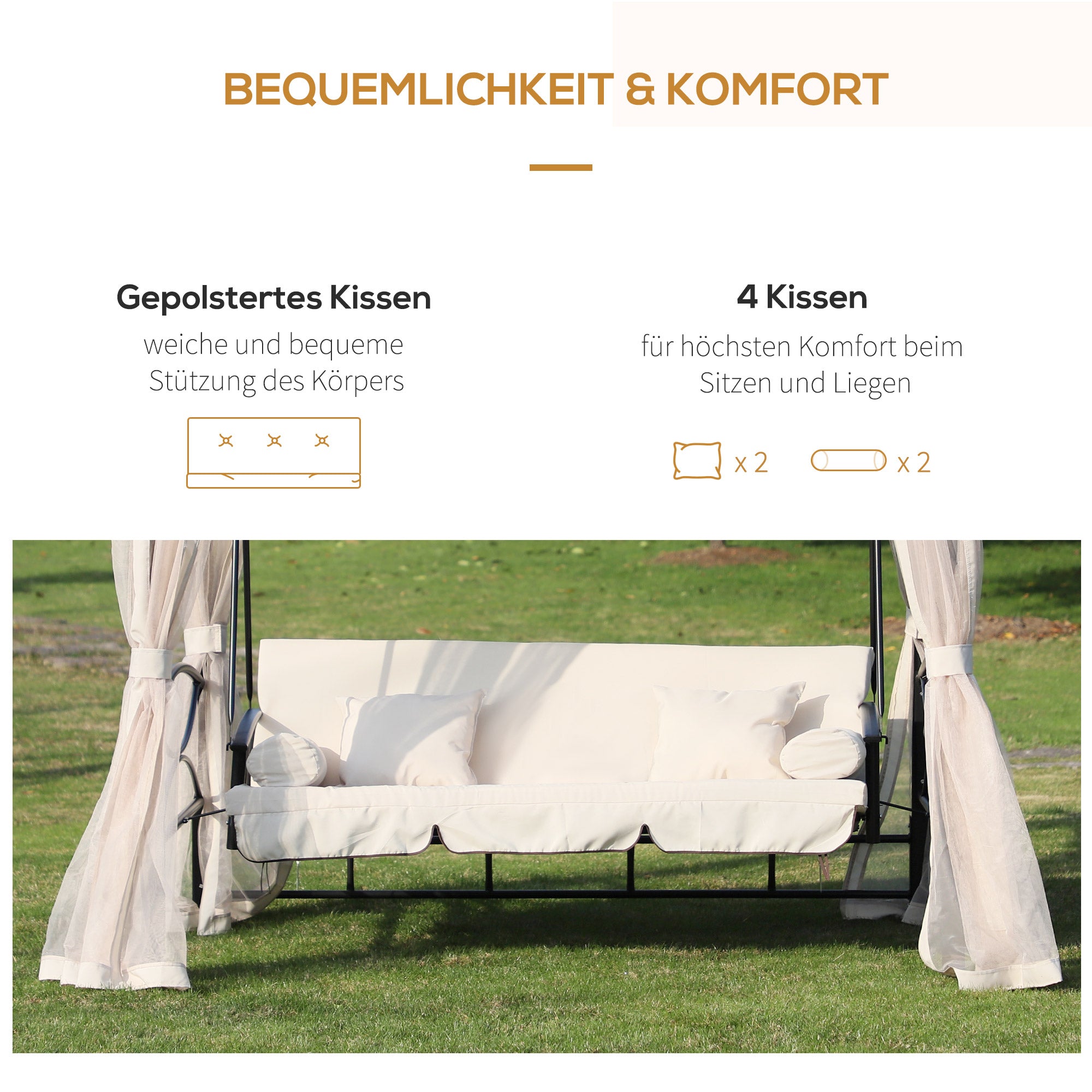 Hollywood Swing Garden Swing Swing with Side Walls 3 Seater Beige 256 x 172 x 248 cm