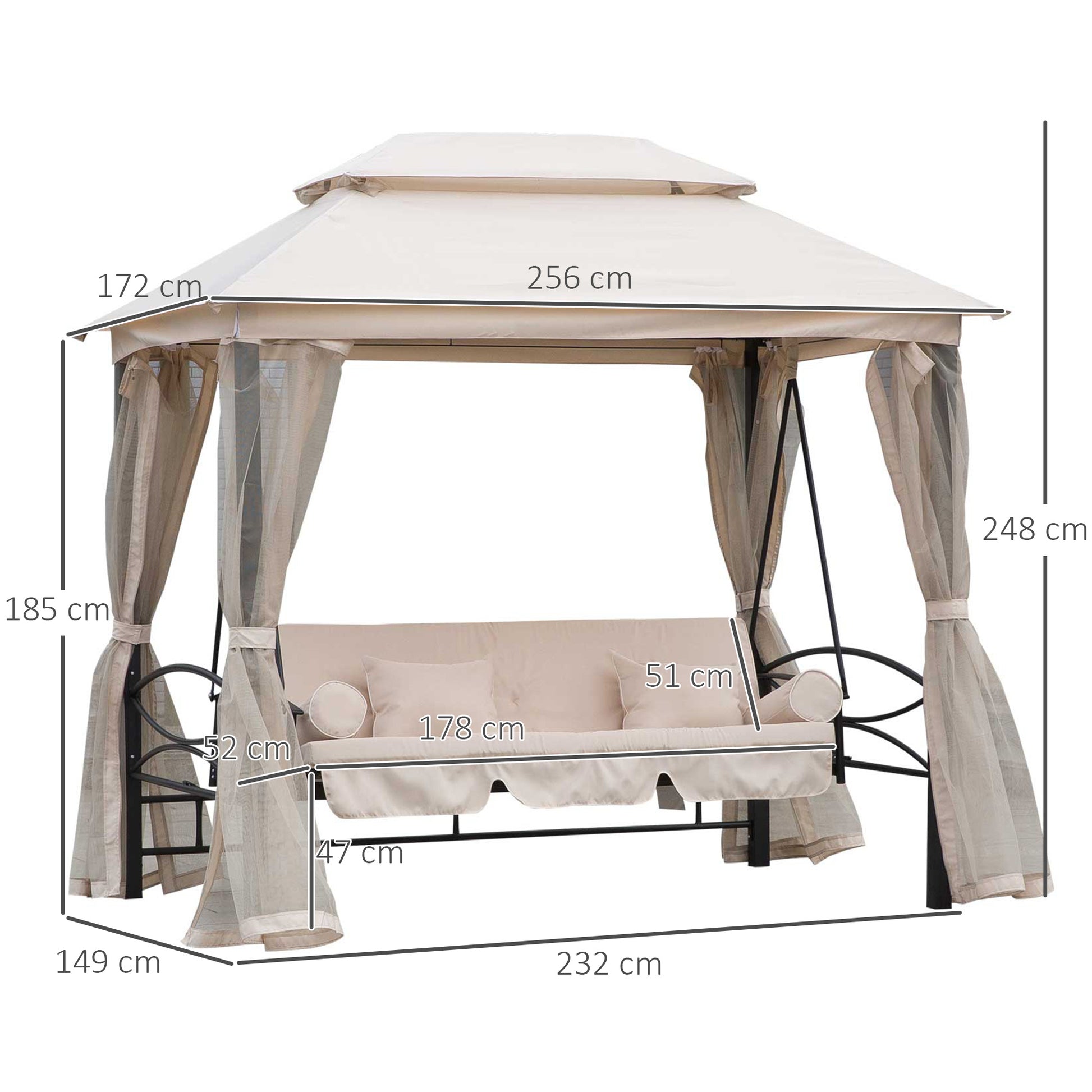 Hollywood Swing Garden Swing Swing with Side Walls 3 Seater Beige 256 x 172 x 248 cm