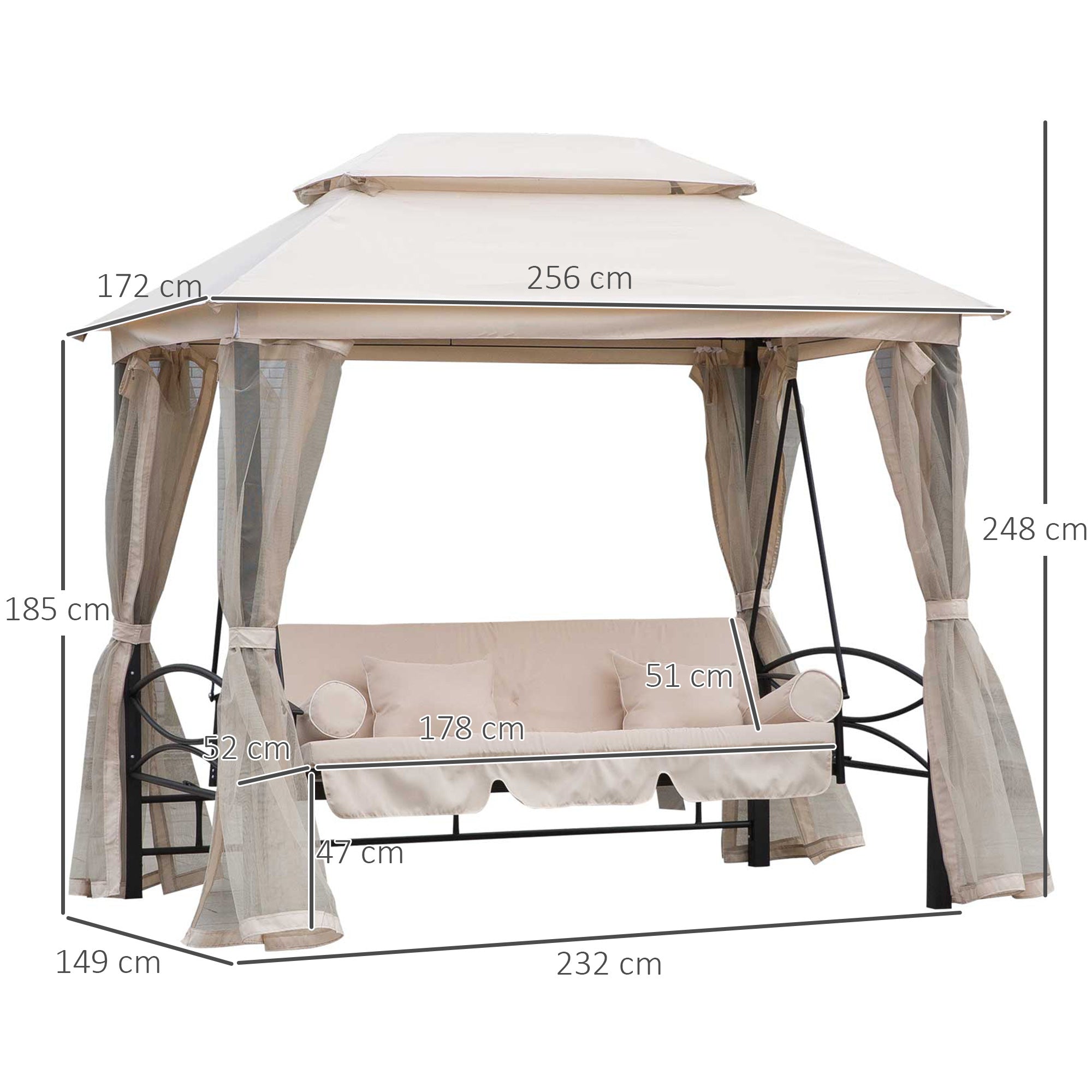 Hollywood Swing Garden Swing Swing with Side Walls 3 Seater Beige 256 x 172 x 248 cm