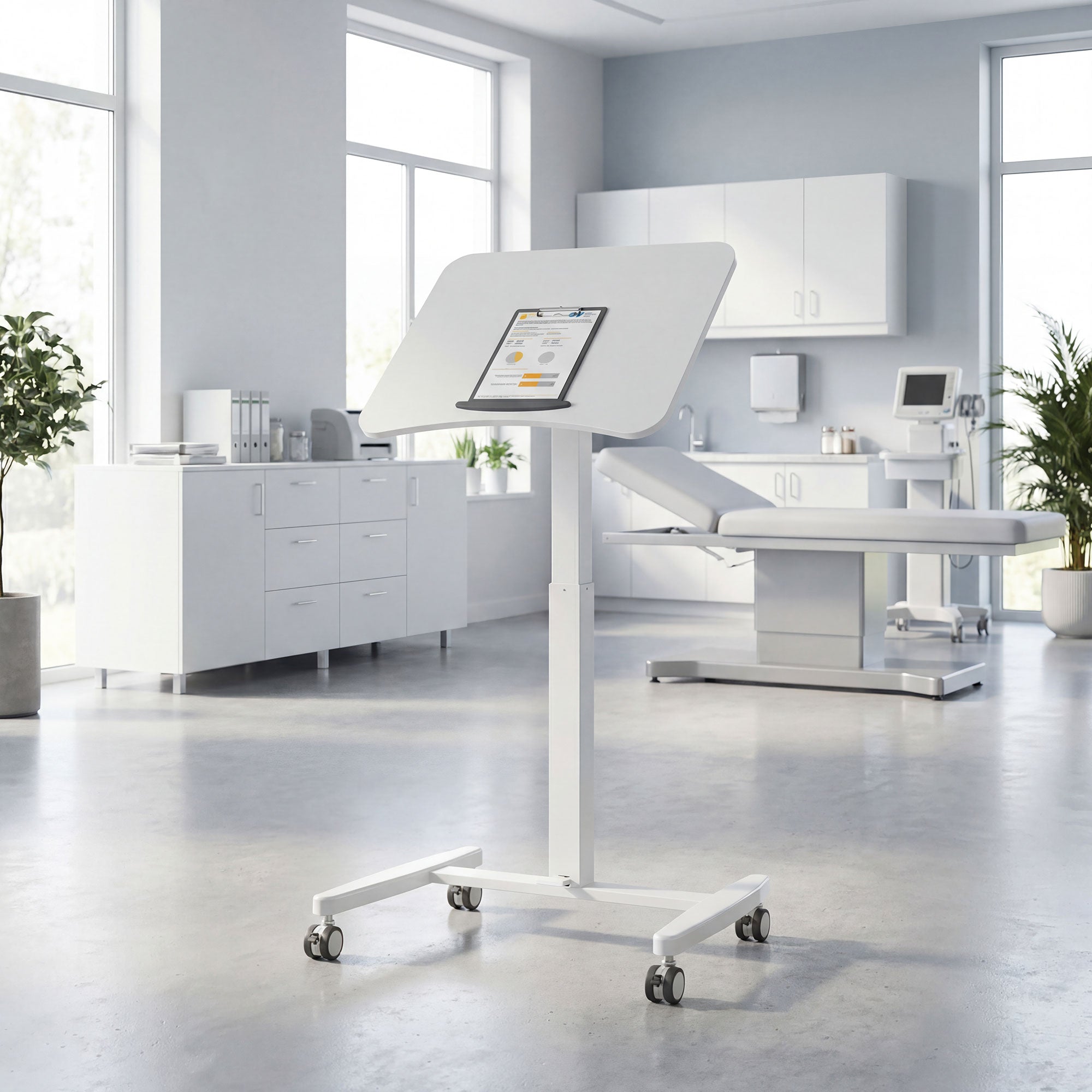 Height-Adjustable Standing Desk 75–114 cm (29.5–44.9 in) — Mobile Laptop Table with Tilting Top, Safety Stop, Steel Frame, Pneumatic Drafting Table for Small Spaces, White