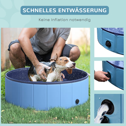 Foldable Dog Bath Tub Dog Pool Splash Pool Swimming Pool Water Basin for Dogs and Cats Plastic+Wood Blue Ø100 x H30 cm