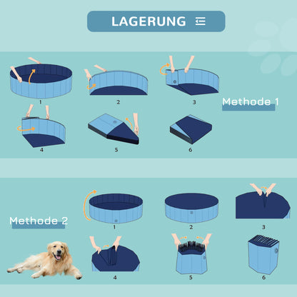 Foldable Dog Bath Tub Dog Pool Splash Pool Swimming Pool Water Basin for Dogs and Cats Plastic+Wood Blue Ø100 x H30 cm