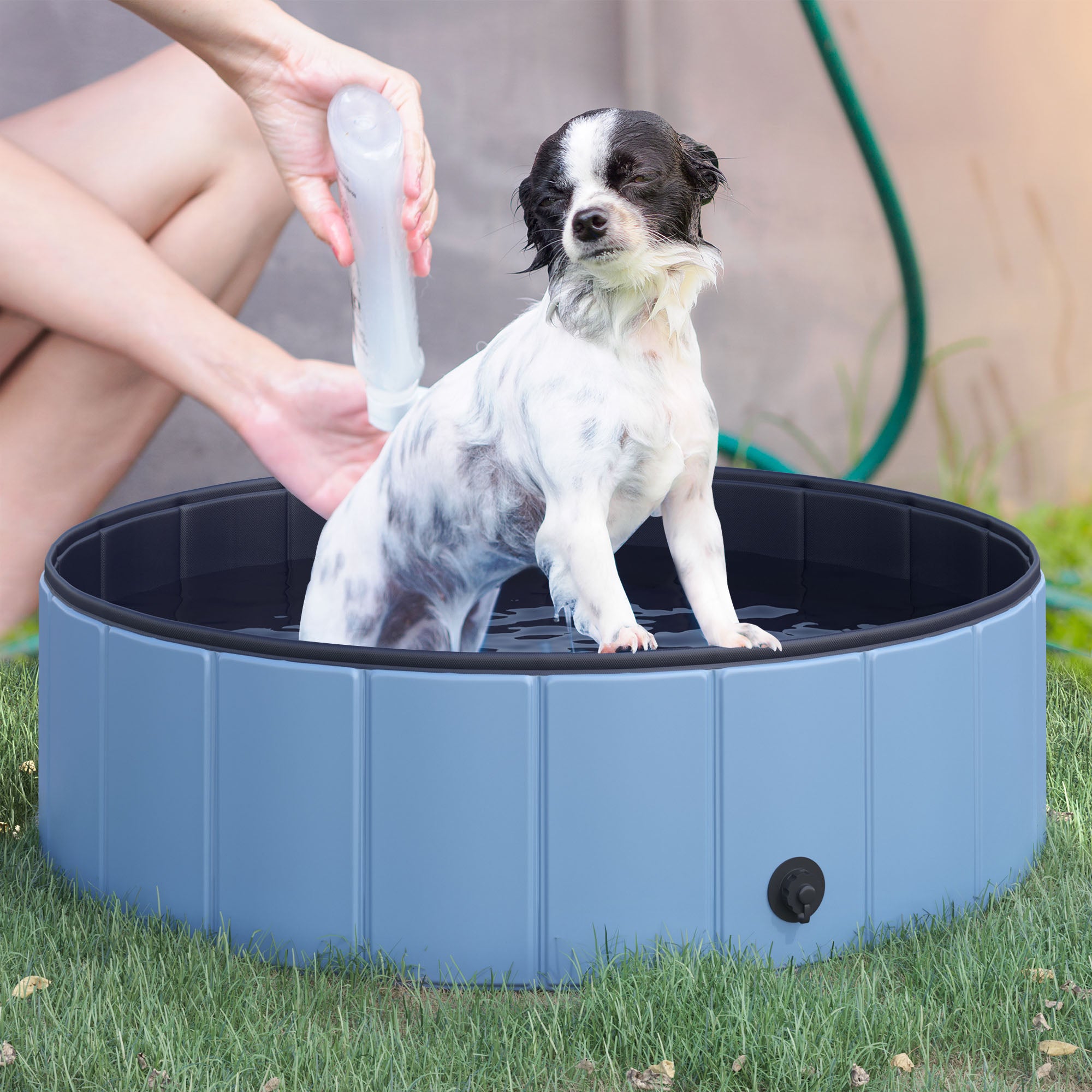 Foldable Dog Bath Tub Dog Pool Splash Pool Swimming Pool Water Basin for Dogs and Cats Plastic+Wood Blue Ø100 x H30 cm