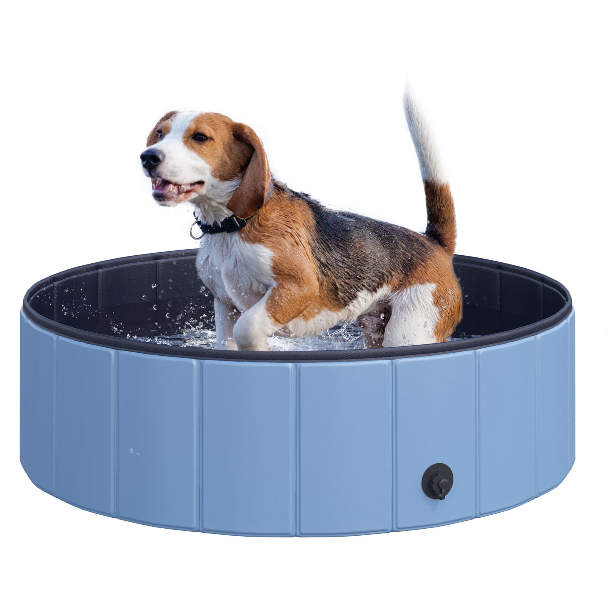 Foldable Dog Bath Tub Dog Pool Splash Pool Swimming Pool Water Basin for Dogs and Cats Plastic+Wood Blue Ø100 x H30 cm