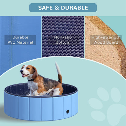 Foldable Dog Bath Tub Dog Pool Splash Pool Swimming Pool Water Basin for Dogs and Cats Plastic+Wood Blue Ø100 x H30 cm