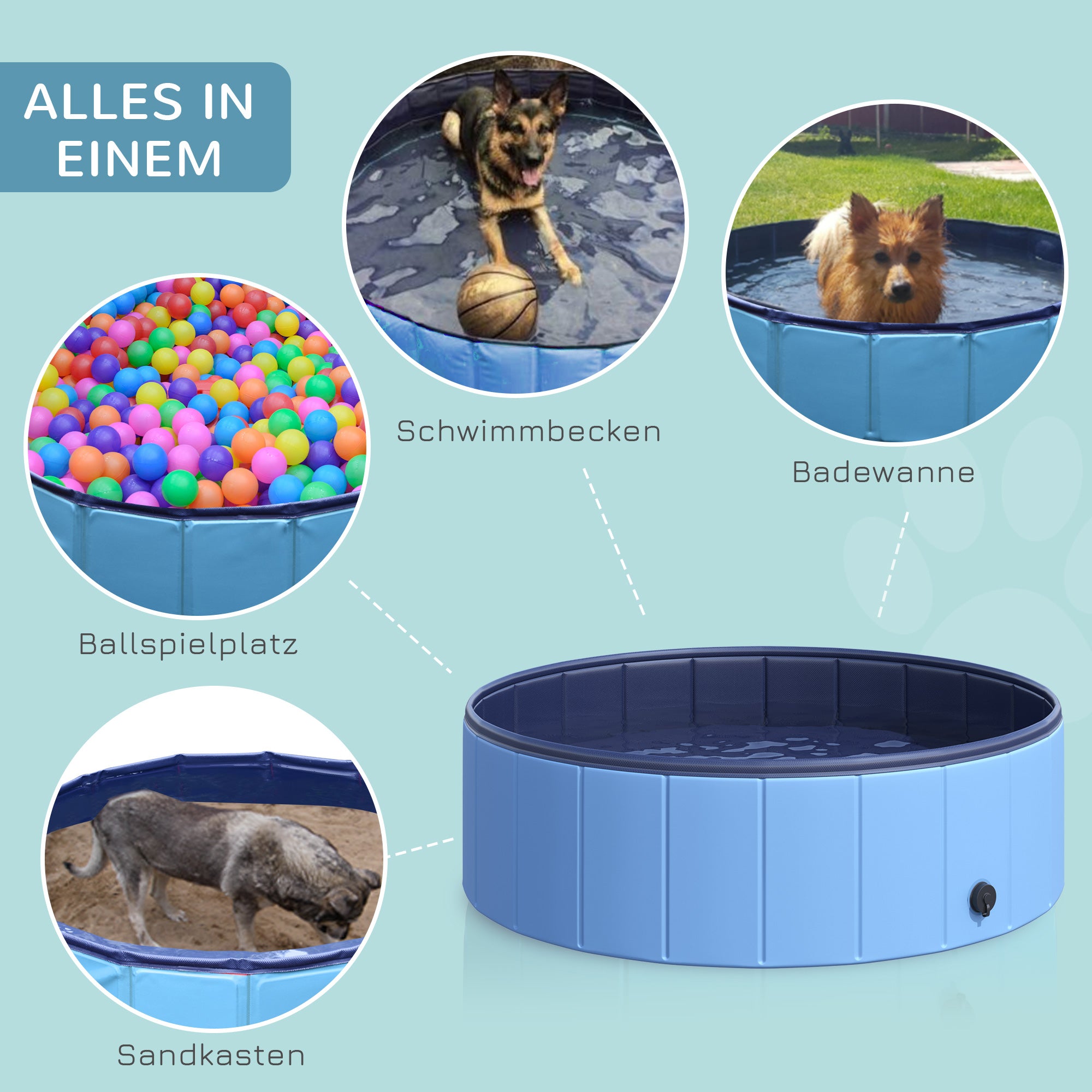 Foldable Dog Bath Tub Dog Pool Splash Pool Swimming Pool Water Basin for Dogs and Cats Plastic+Wood Blue Ø100 x H30 cm