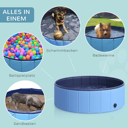 Foldable Dog Bath Tub Dog Pool Splash Pool Swimming Pool Water Basin for Dogs and Cats Plastic+Wood Blue Ø100 x H30 cm