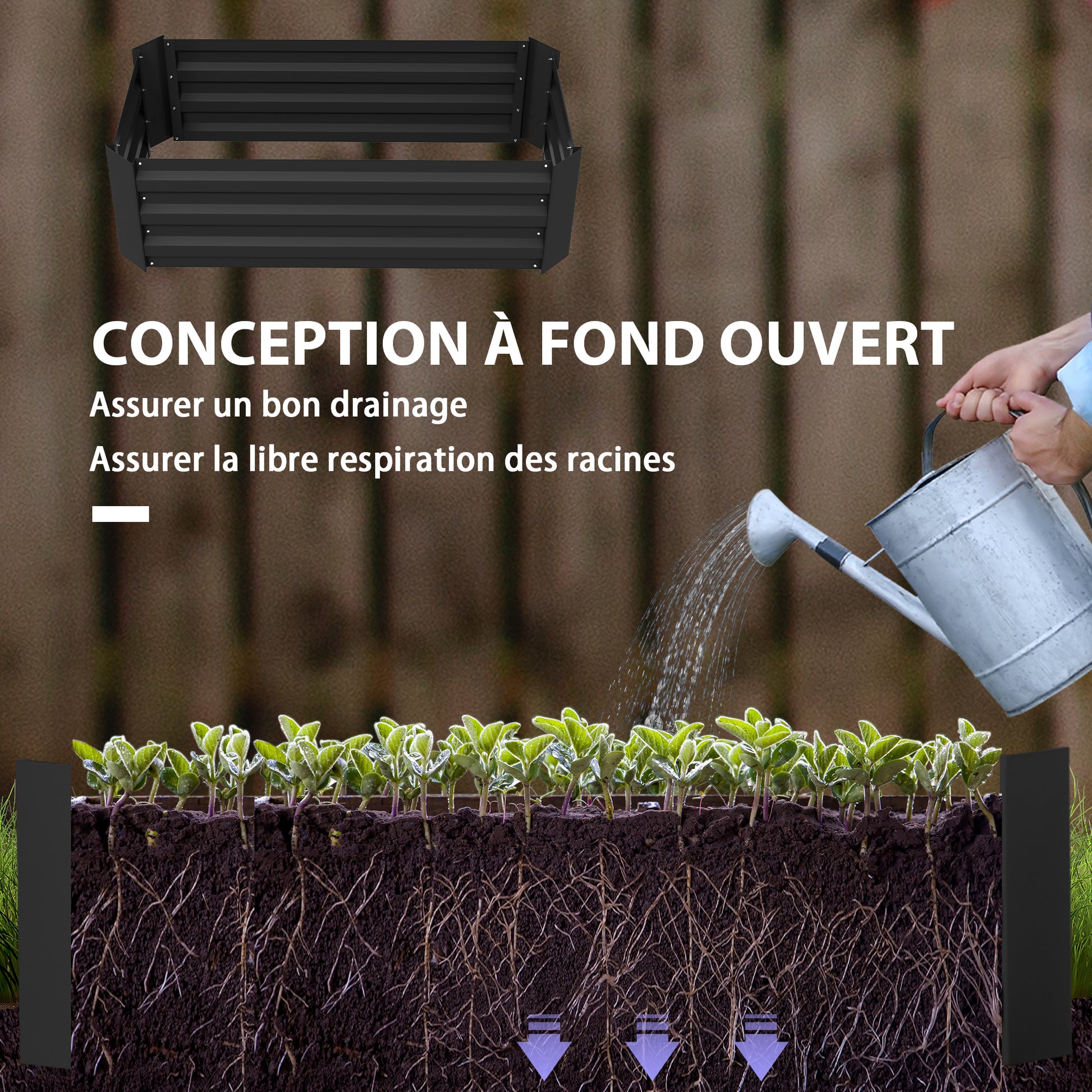 Set of 2 Raised Garden Planters 100L x 50W x 30H cm - Corrugated Steel Black
