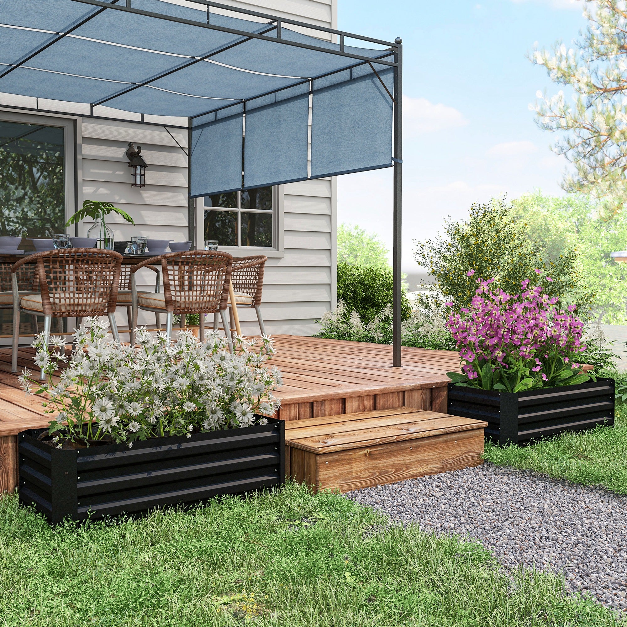 Set of 2 Raised Garden Planters 100L x 50W x 30H cm - Corrugated Steel Black