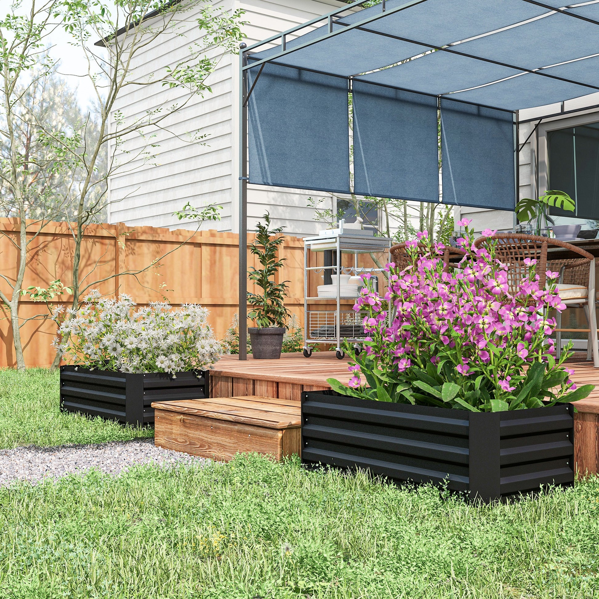 Set of 2 Raised Garden Planters 100L x 50W x 30H cm - Corrugated Steel Black