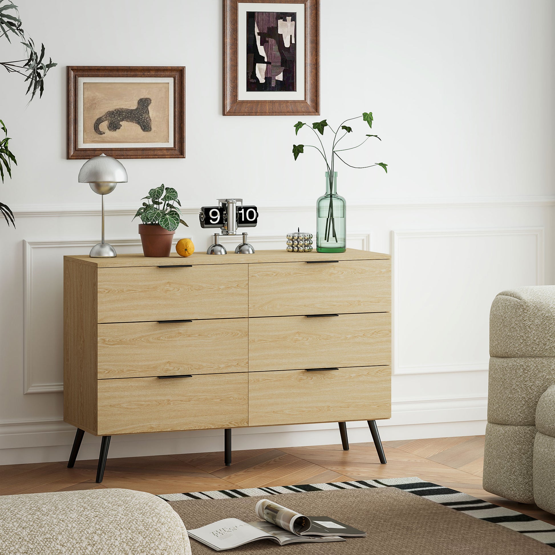 6 Drawer Dresser Bedroom Dresser Modern Design with Anti-Tip 110W x 40D x 75H cm Wood Look