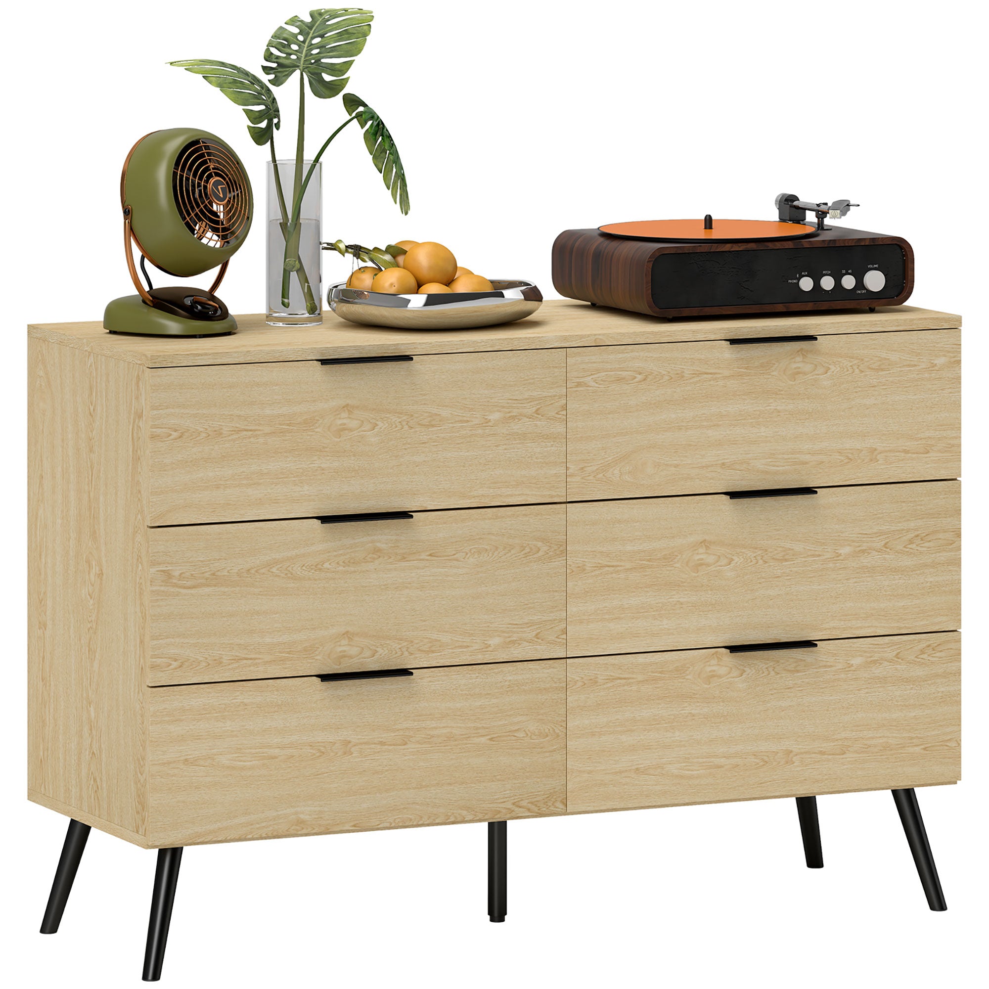 6 Drawer Dresser Bedroom Dresser Modern Design with Anti-Tip 110W x 40D x 75H cm Wood Look