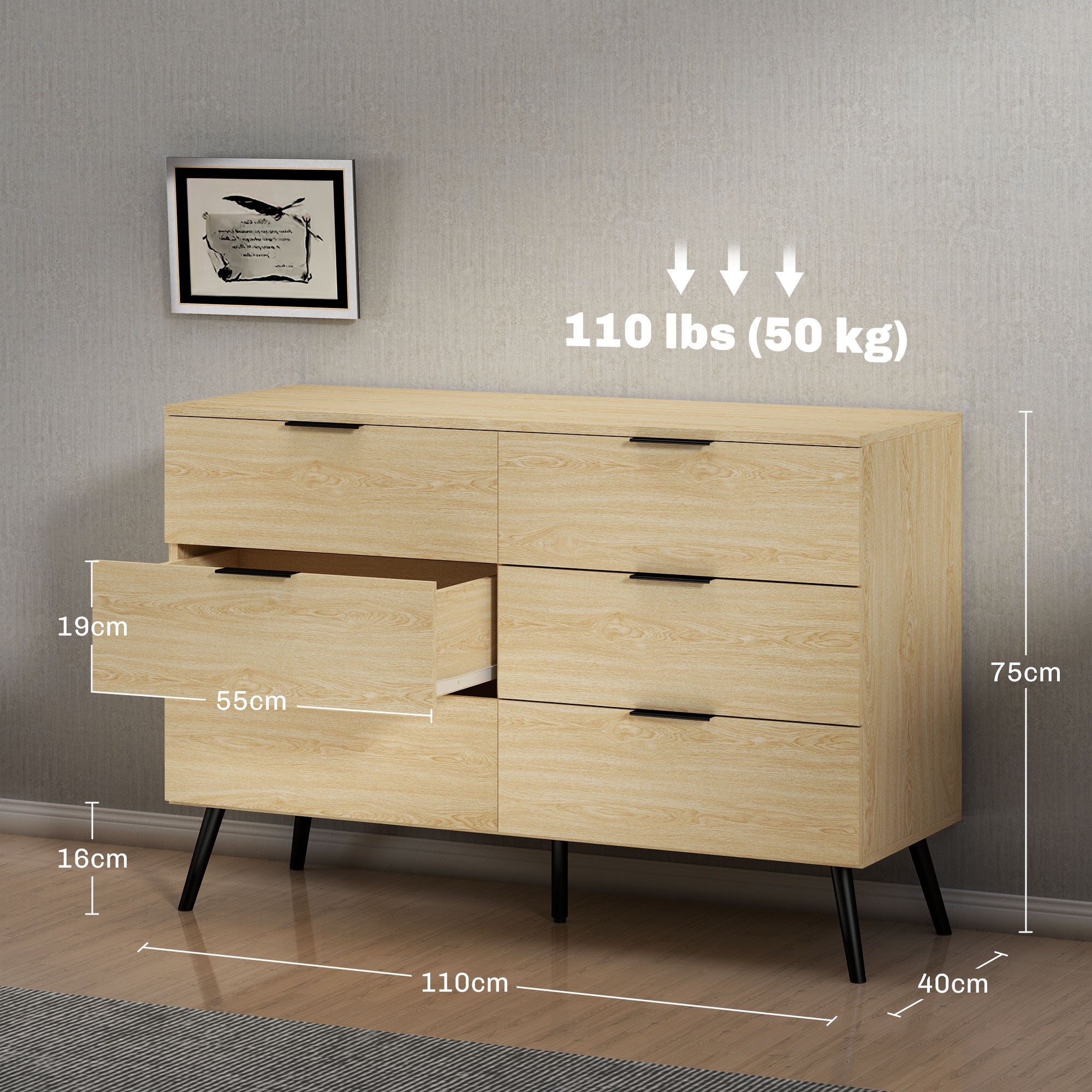 6 Drawer Dresser Bedroom Dresser Modern Design with Anti-Tip 110W x 40D x 75H cm Wood Look