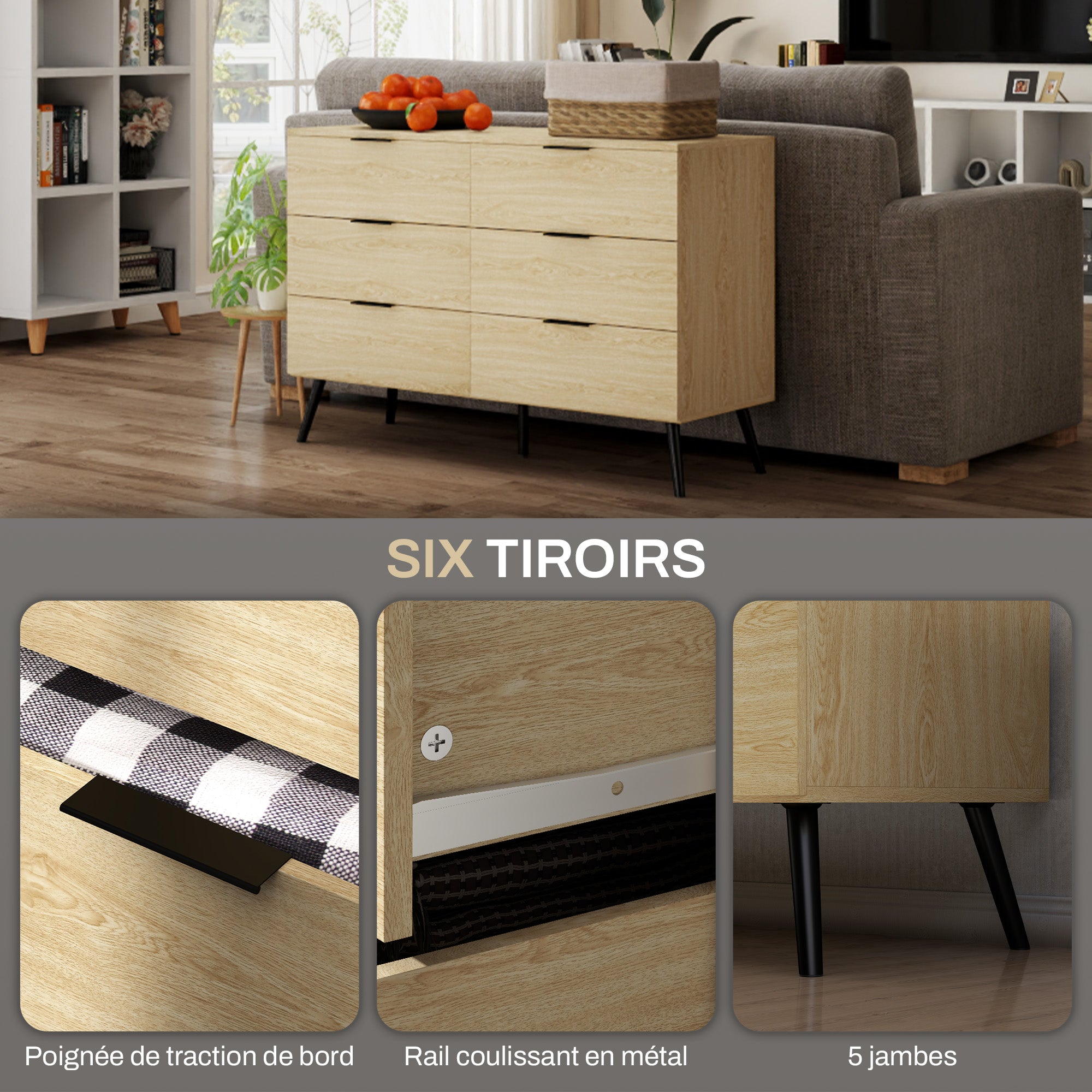 6 Drawer Dresser Bedroom Dresser Modern Design with Anti-Tip 110W x 40D x 75H cm Wood Look
