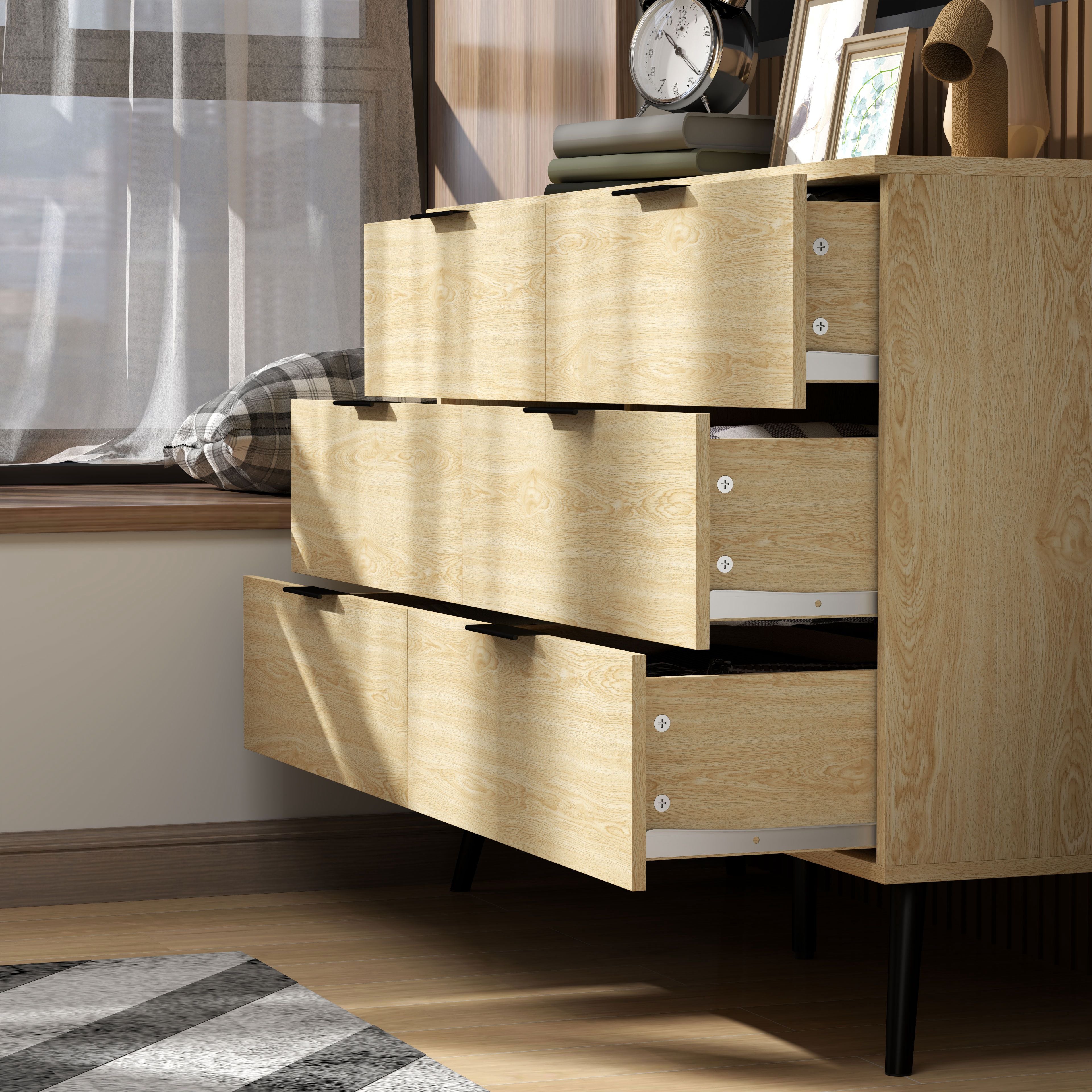 6 Drawer Dresser Bedroom Dresser Modern Design with Anti-Tip 110W x 40D x 75H cm Wood Look