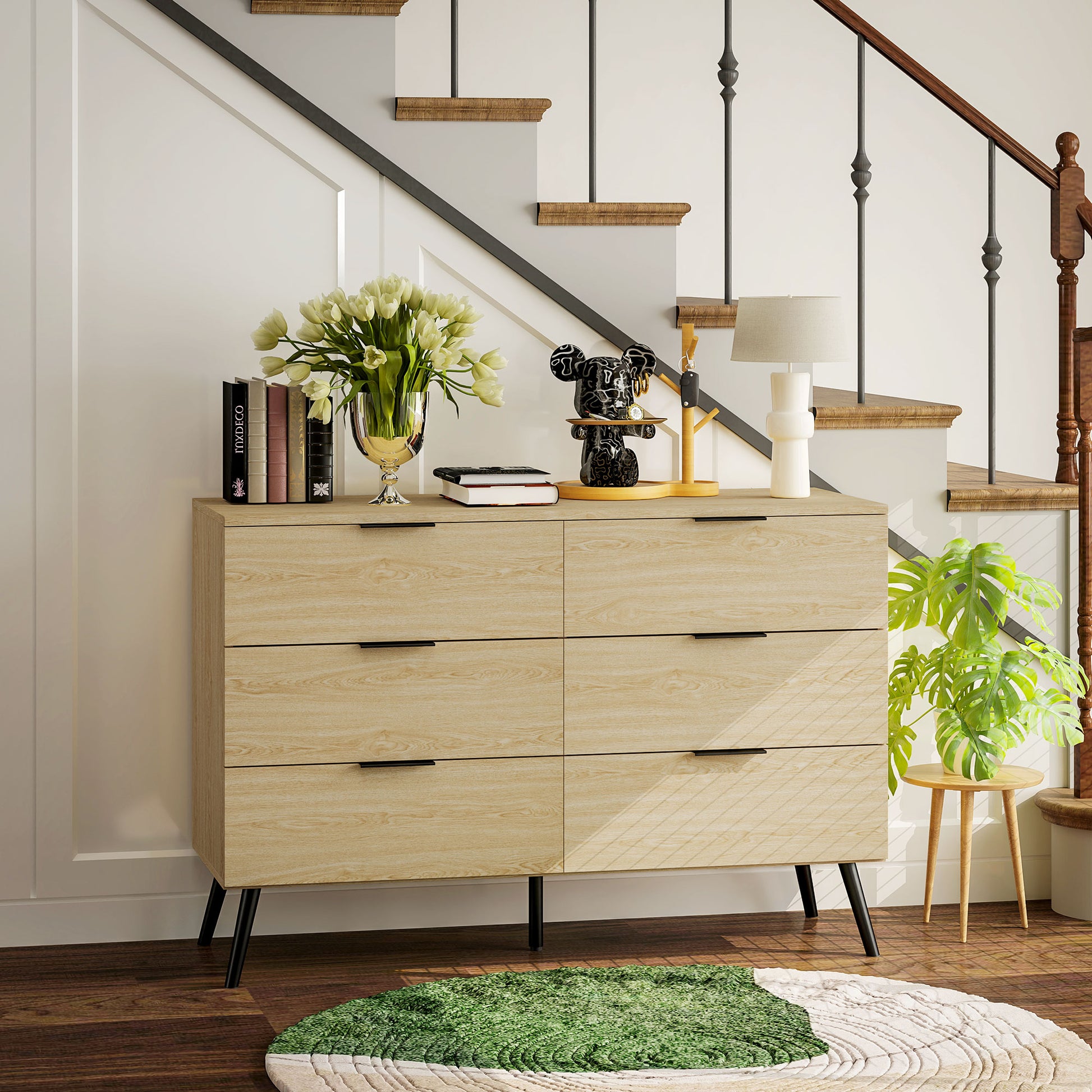 6 Drawer Dresser Bedroom Dresser Modern Design with Anti-Tip 110W x 40D x 75H cm Wood Look