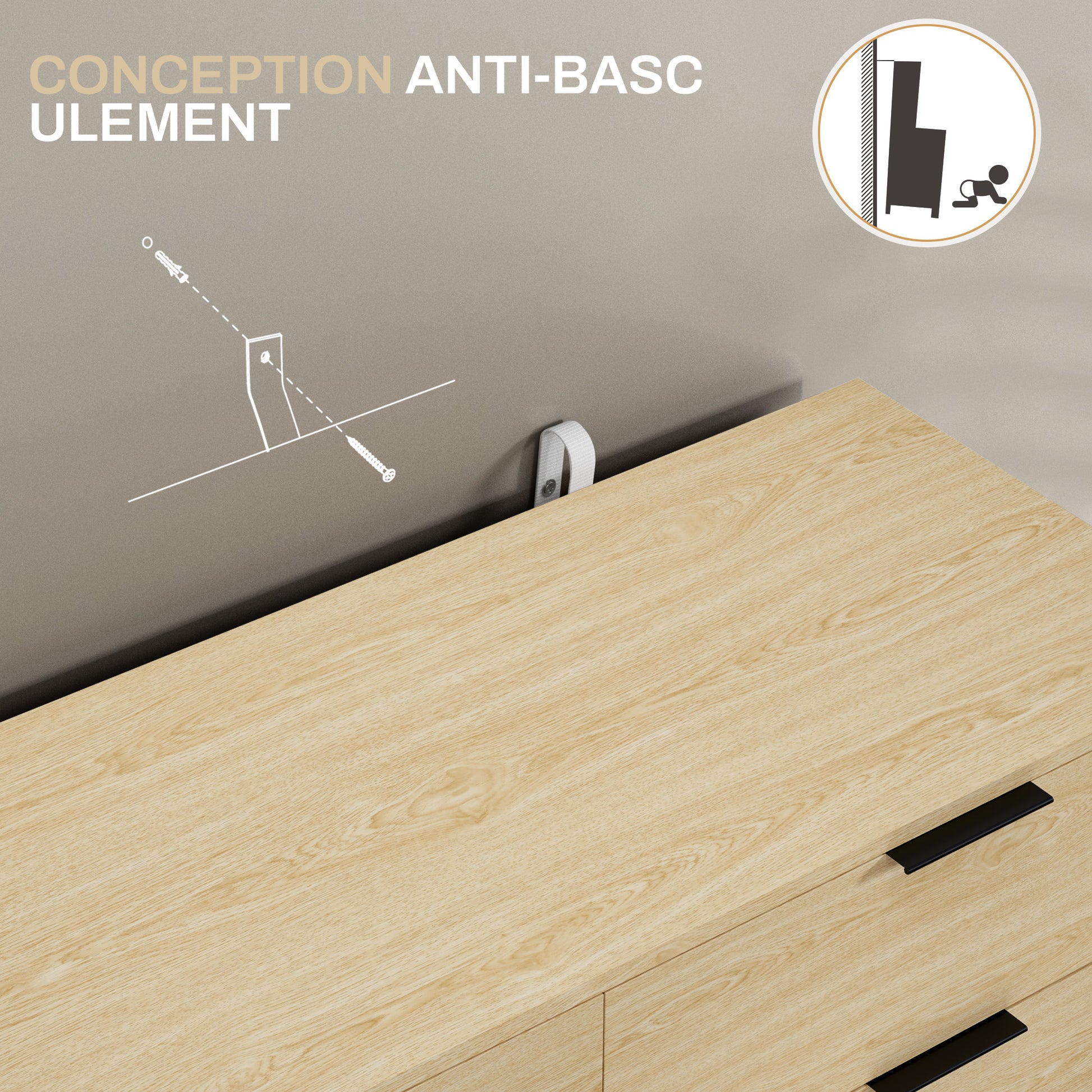 6 Drawer Dresser Bedroom Dresser Modern Design with Anti-Tip 110W x 40D x 75H cm Wood Look