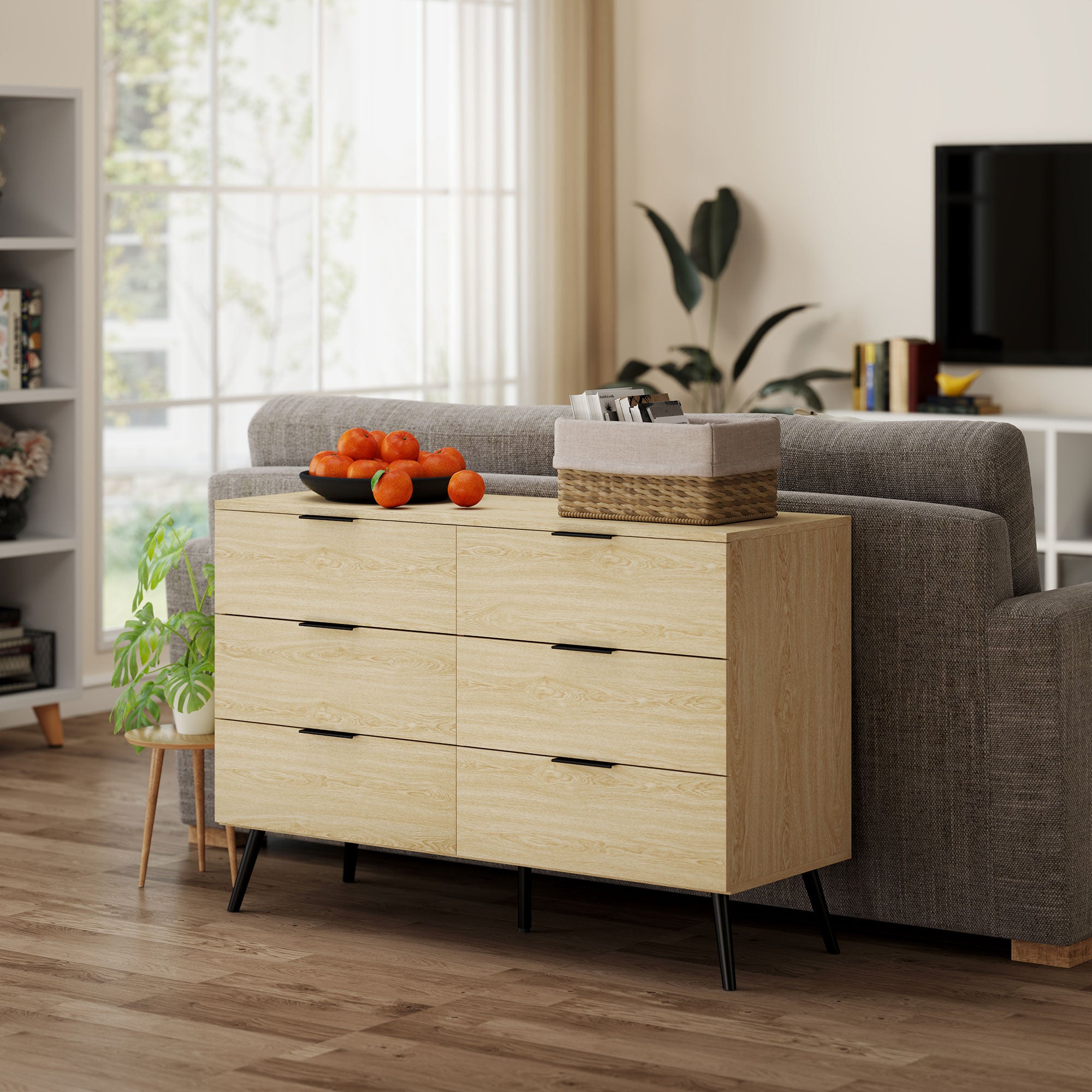 6 Drawer Dresser Bedroom Dresser Modern Design with Anti-Tip 110W x 40D x 75H cm Wood Look