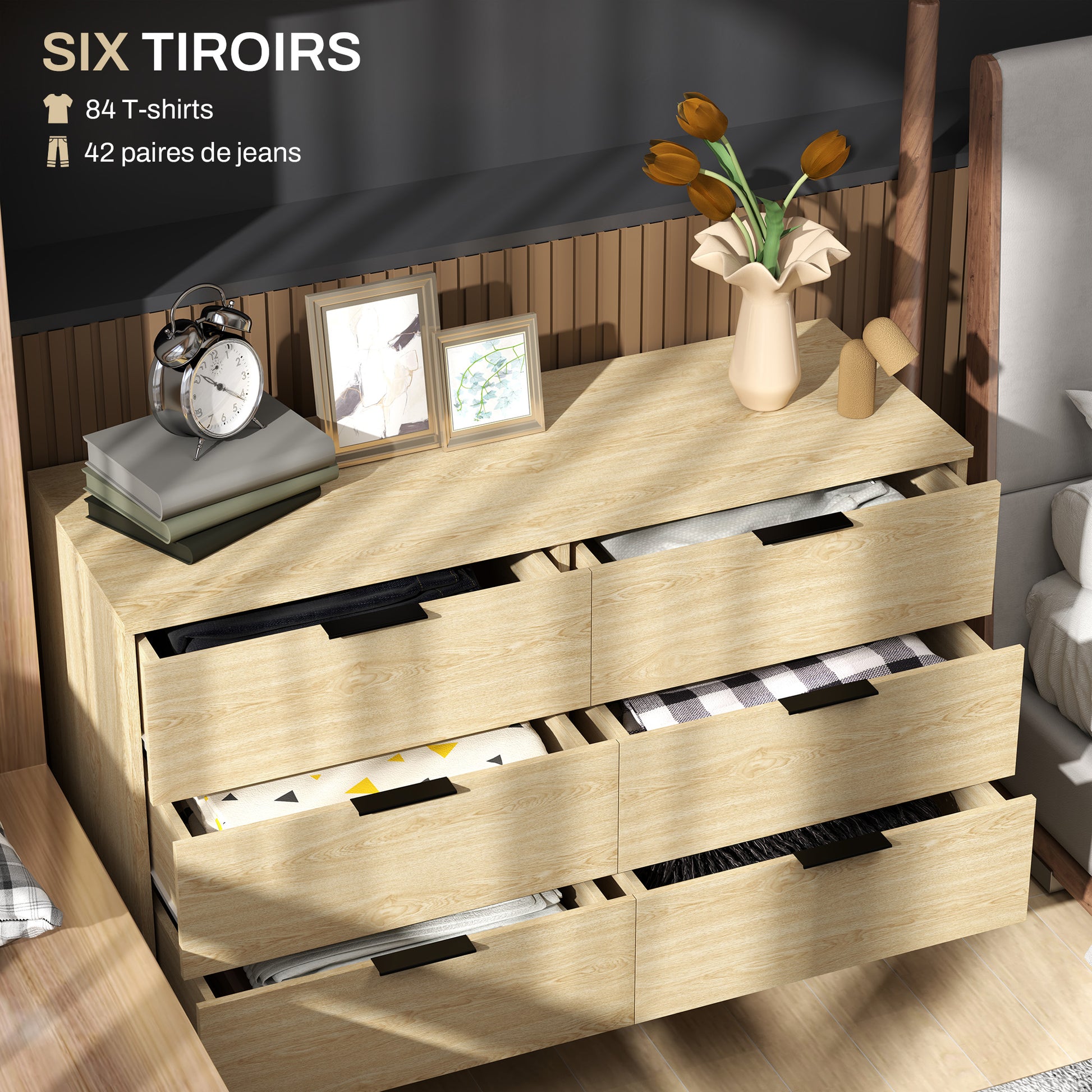 6 Drawer Dresser Bedroom Dresser Modern Design with Anti-Tip 110W x 40D x 75H cm Wood Look