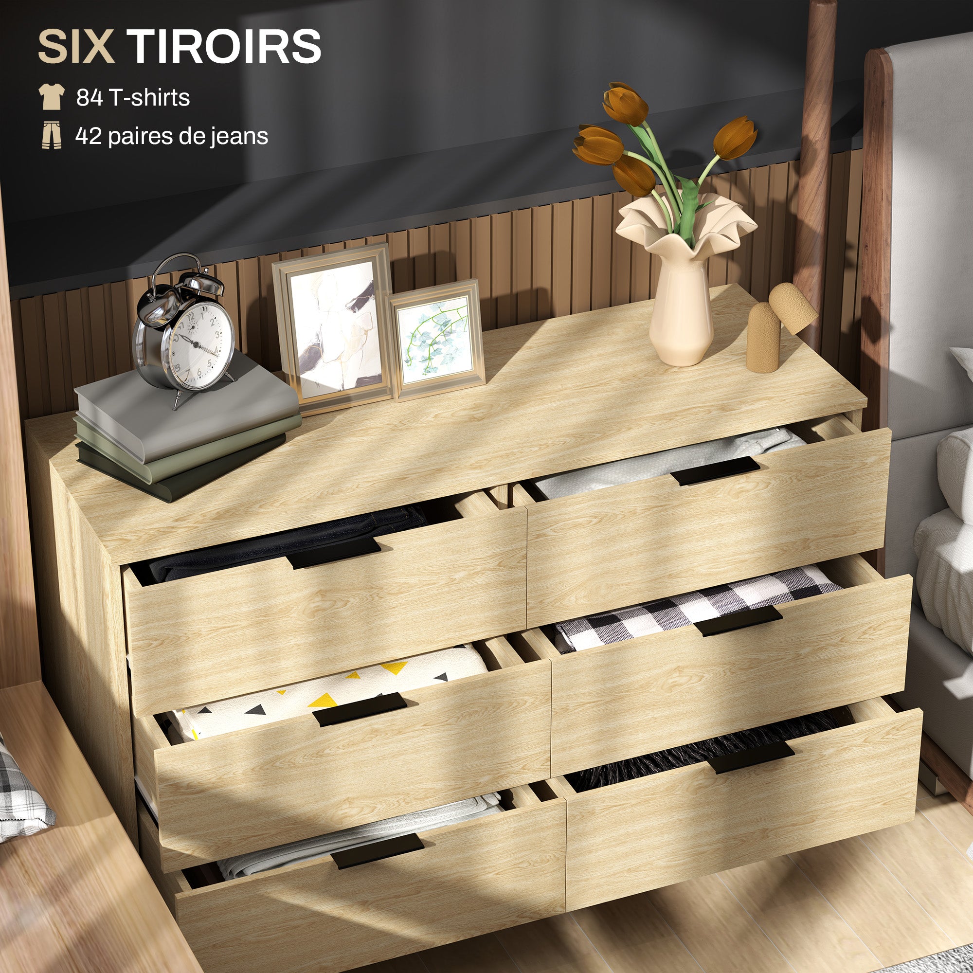 6 Drawer Dresser Bedroom Dresser Modern Design with Anti-Tip 110W x 40D x 75H cm Wood Look