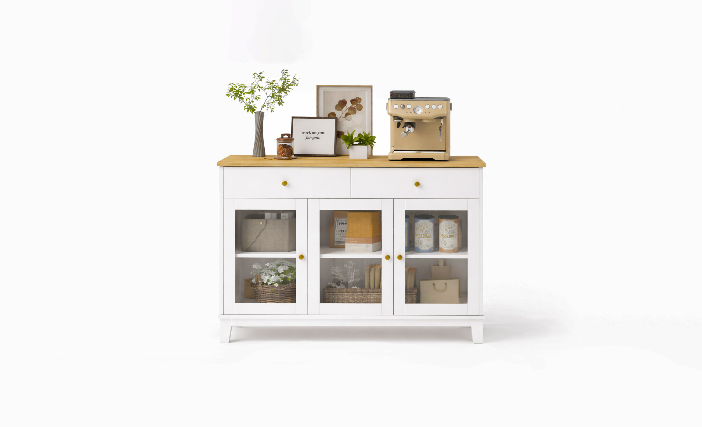 White cabinet with wooden top on a white background