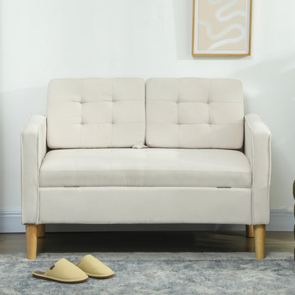 2-Seater Storage Sofa, Velvet-Effect Upholstery with Rubberwood Legs, Button-Tufted Back — 46.1 x 24.4 x 30.7 in, Cream