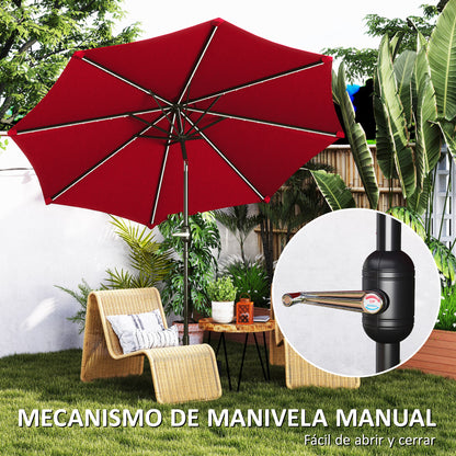 Patio Umbrella with Solar LED Lights Ø292x252 cm Garden Umbrella with Adjustable Tilt up to 45° Waterproof and Crank Parasol for Patio Pool without Base Wine Red