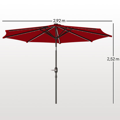 Patio Umbrella with Solar LED Lights Ø292x252 cm Garden Umbrella with Adjustable Tilt up to 45° Waterproof and Crank Parasol for Patio Pool without Base Wine Red