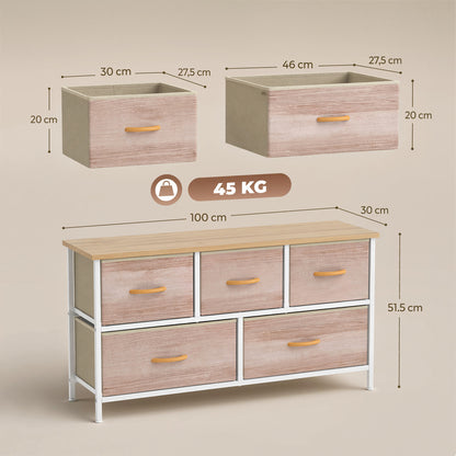 5-Drawer Fabric Dresser with Metal Frame — Bedroom, Living Room & Office Chest, Natural Wood/White