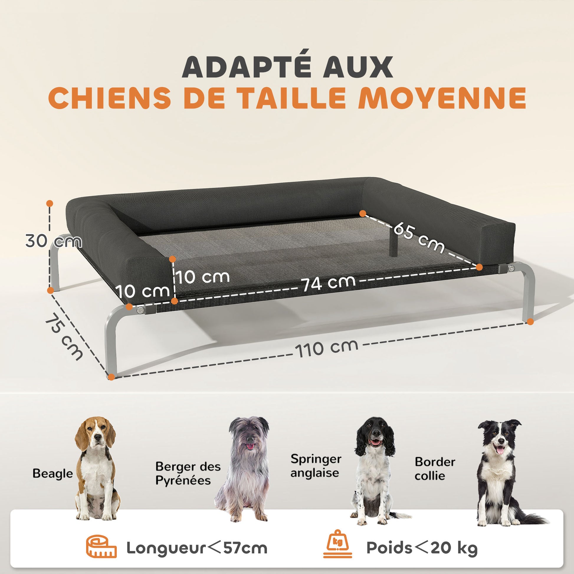 Cooling Raised Dog Bed, Portable Indoor Outdoor Dog Cot with U-Shaped Pillow, Breathable Mesh, Bite-Resistant, 110 x 75 x 30 cm, Black